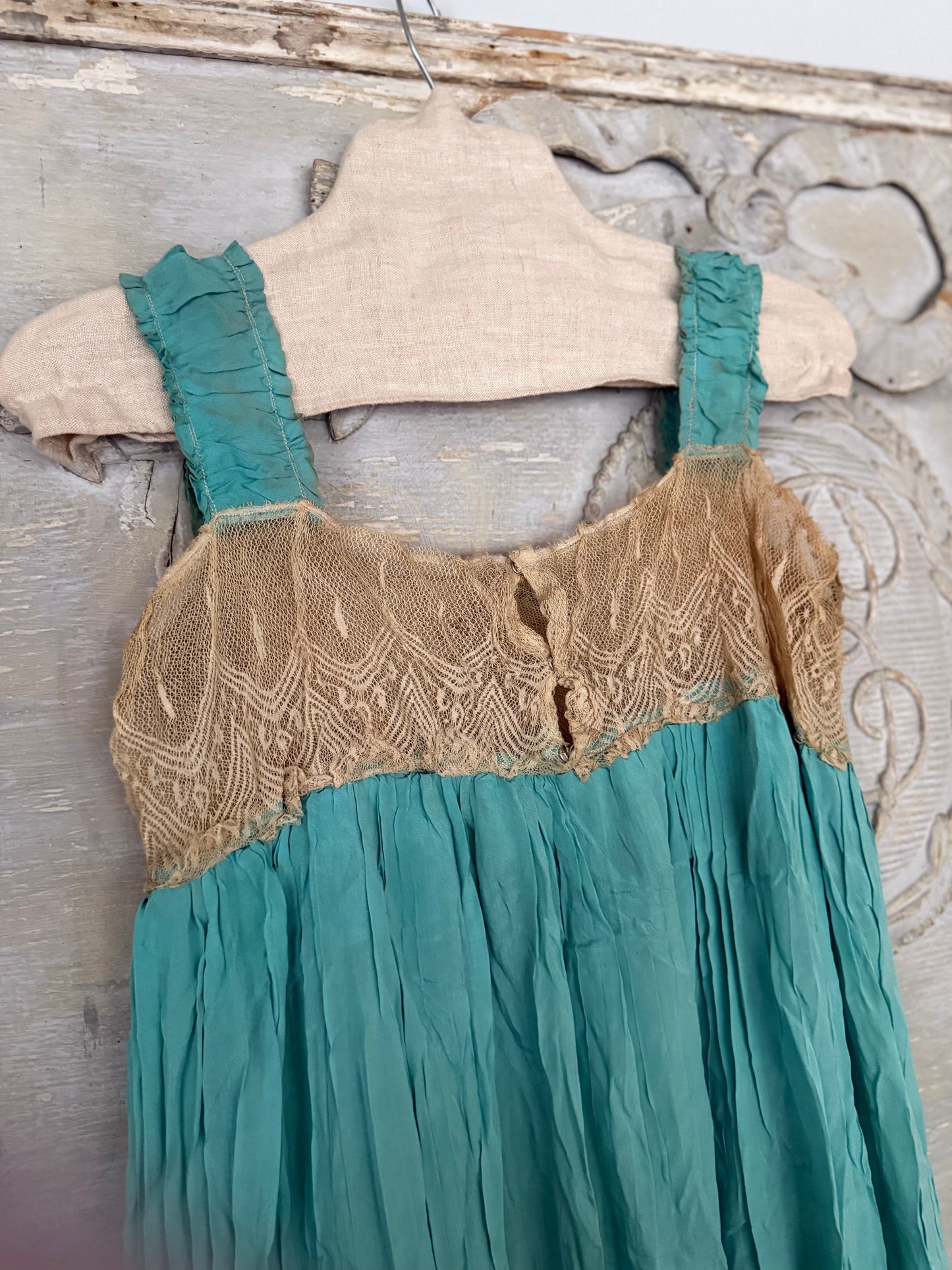 RARE Antique 1920's Teal Blue Silk Ribbonwork Nightgown