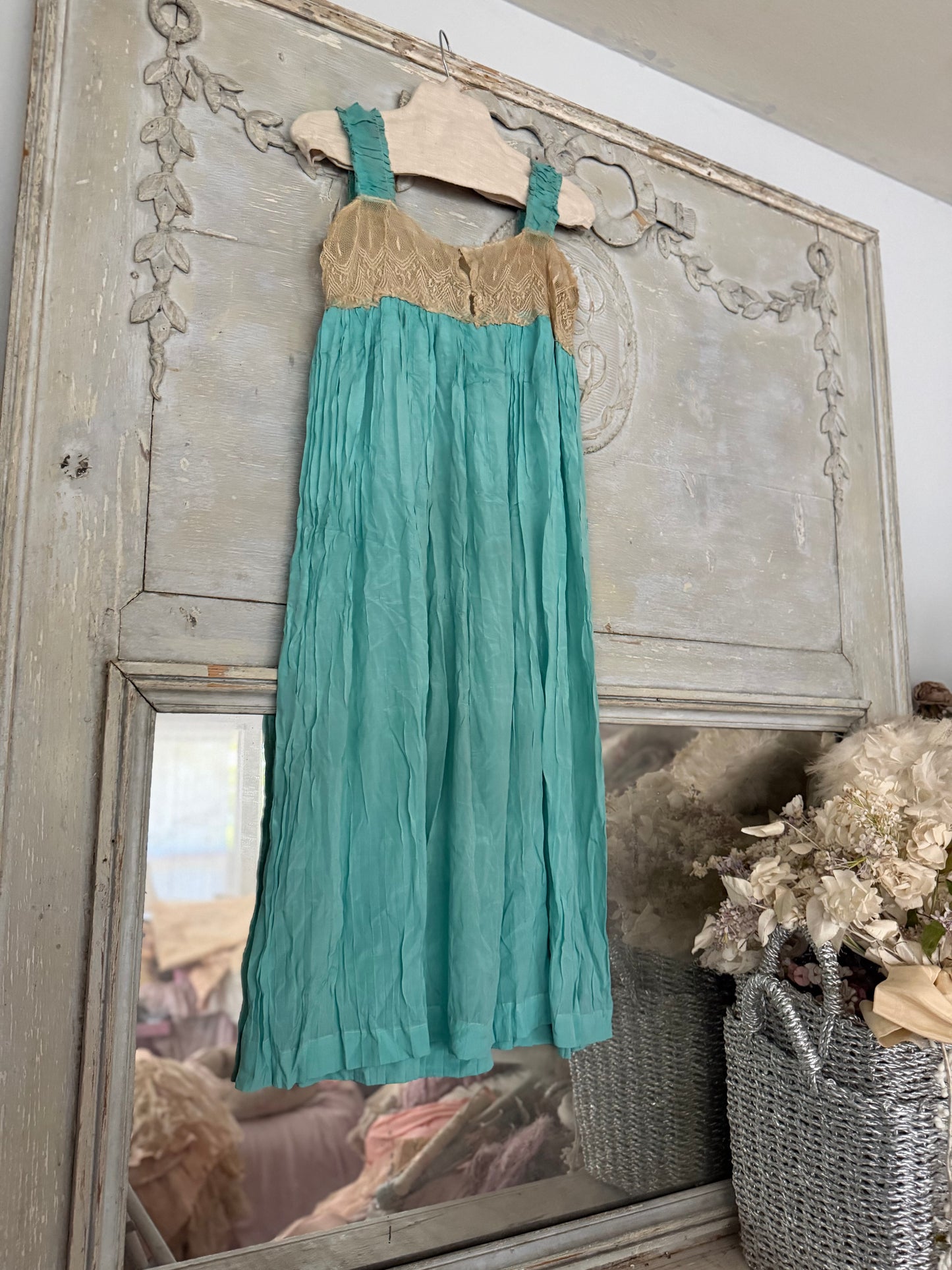 RARE Antique 1920's Teal Blue Silk Ribbonwork Nightgown