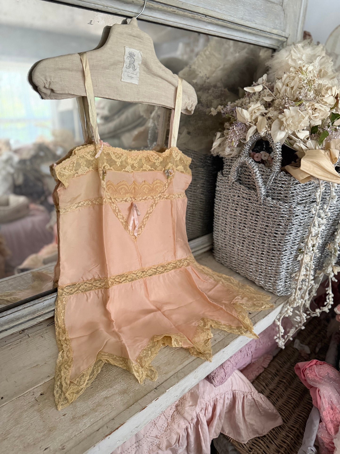 Antique 1920's Pink Silk Ribbonwork Lace Teddy