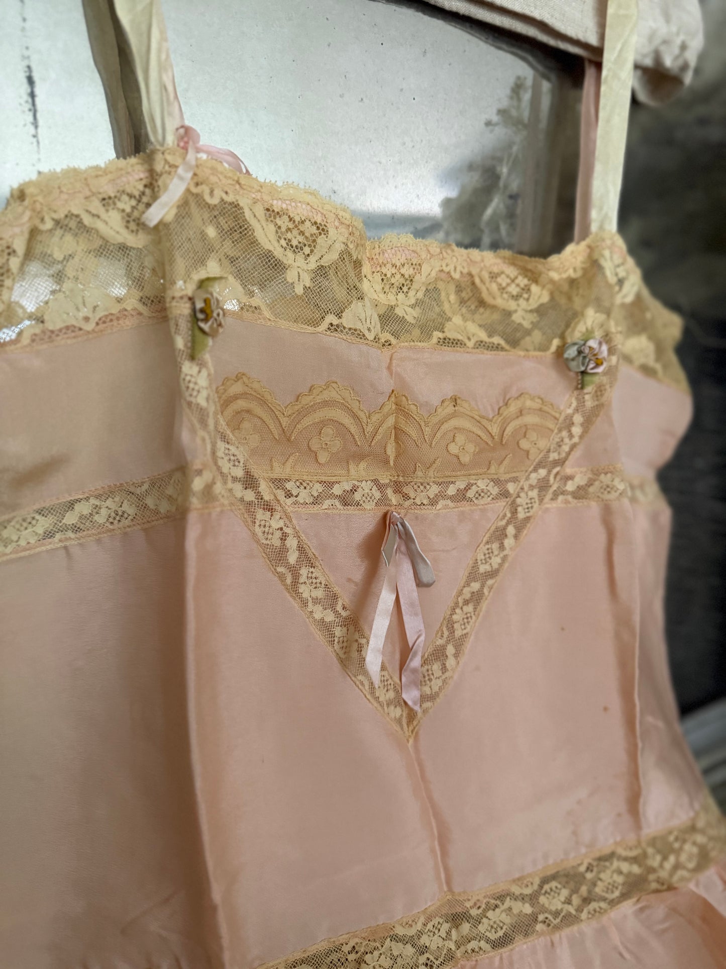 Antique 1920's Pink Silk Ribbonwork Lace Teddy