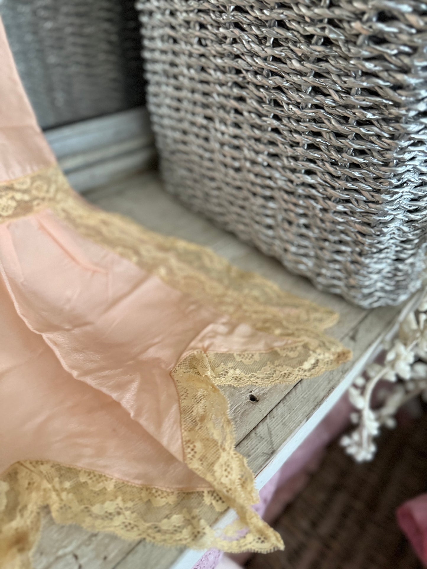 Antique 1920's Pink Silk Ribbonwork Lace Teddy