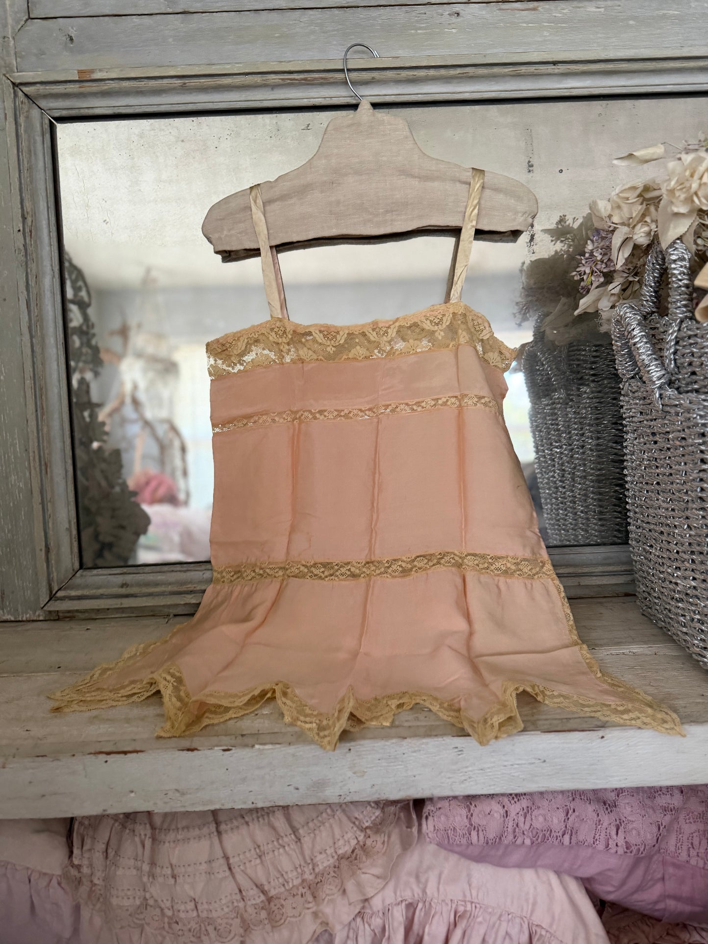 Antique 1920's Pink Silk Ribbonwork Lace Teddy