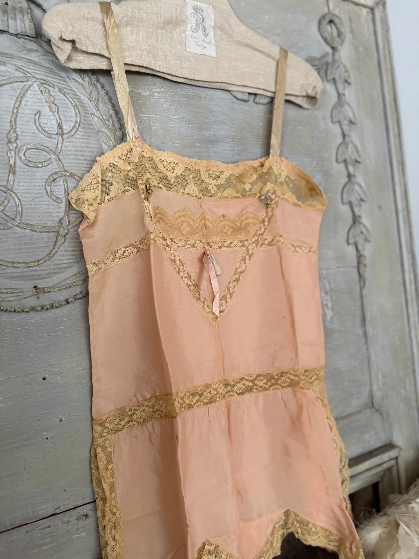 Antique 1920's Pink Silk Ribbonwork Lace Teddy