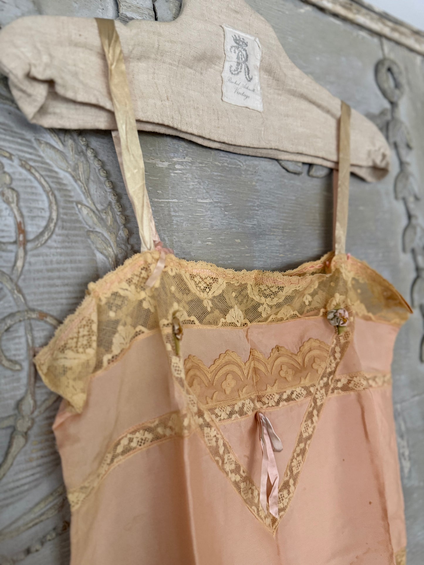 Antique 1920's Pink Silk Ribbonwork Lace Teddy