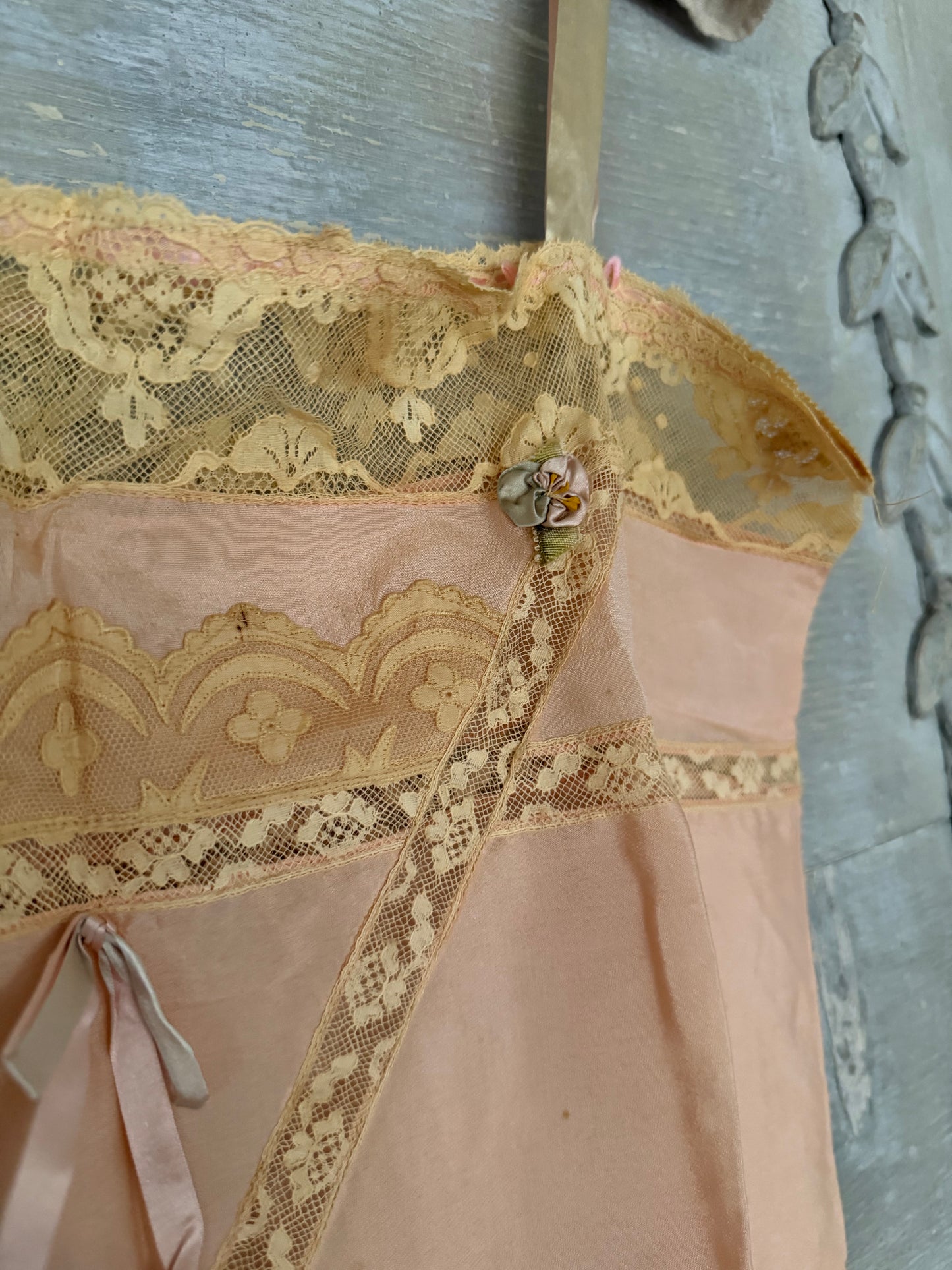 Antique 1920's Pink Silk Ribbonwork Lace Teddy