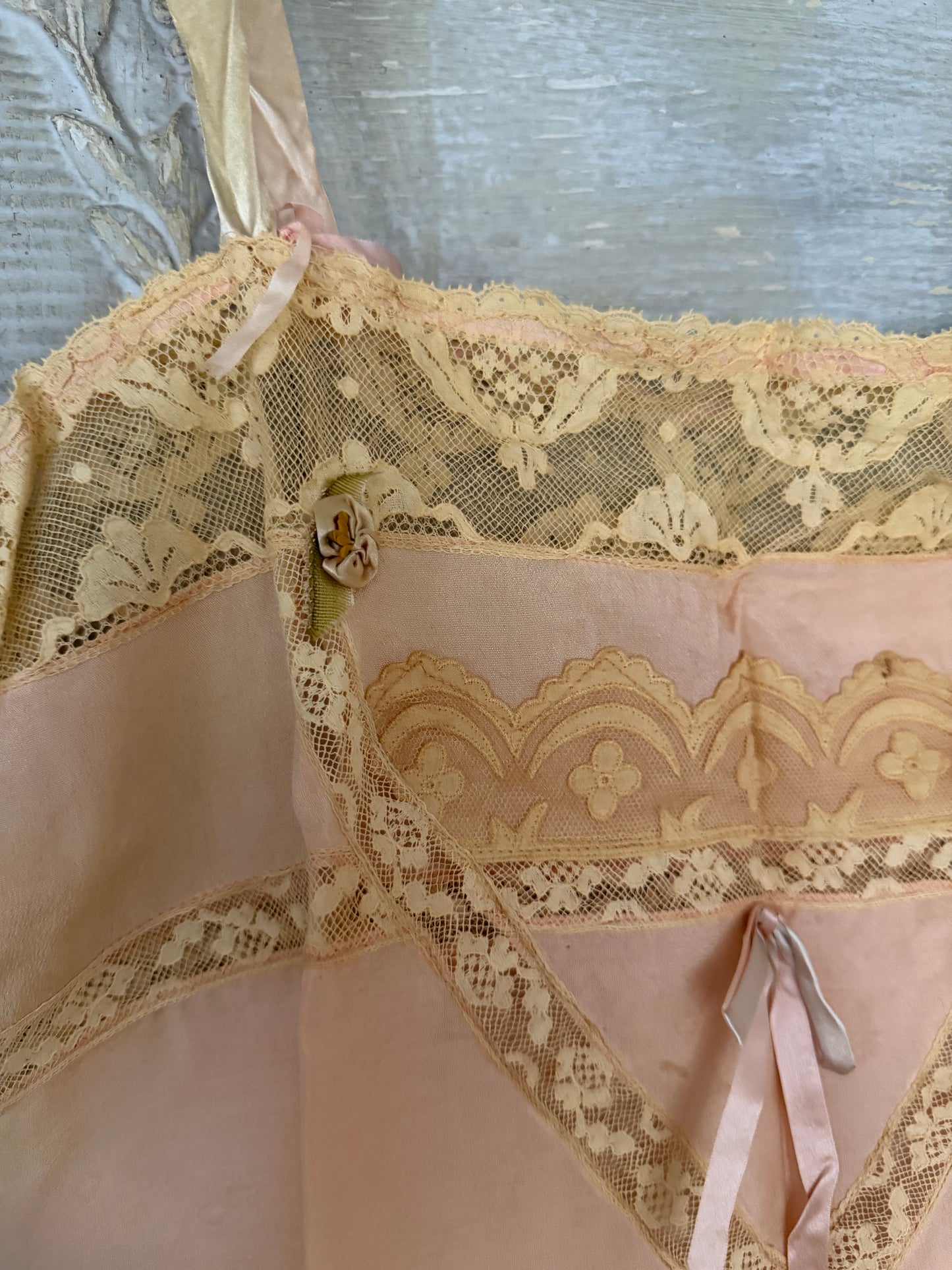 Antique 1920's Pink Silk Ribbonwork Lace Teddy