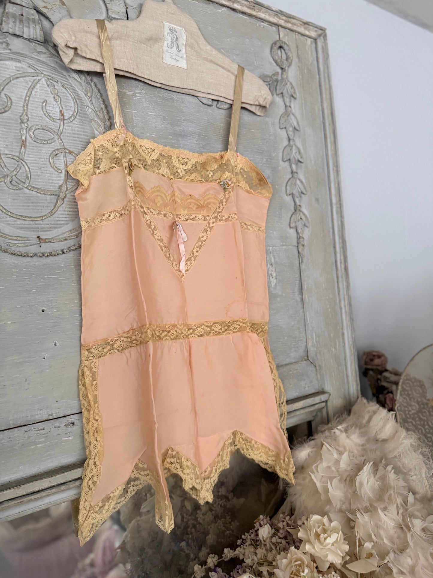 Antique 1920's Pink Silk Ribbonwork Lace Teddy
