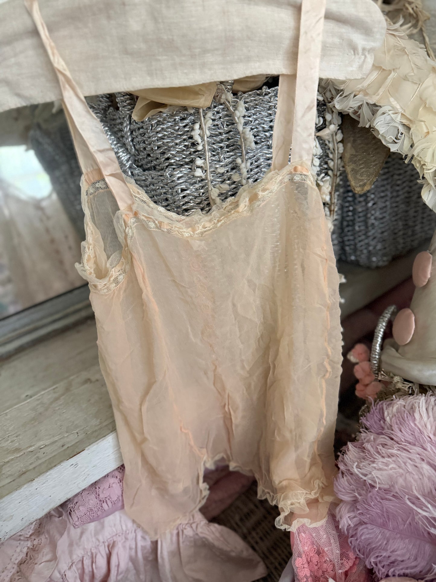 Antique 1920's Pink Silk Embroidered Lace Cami