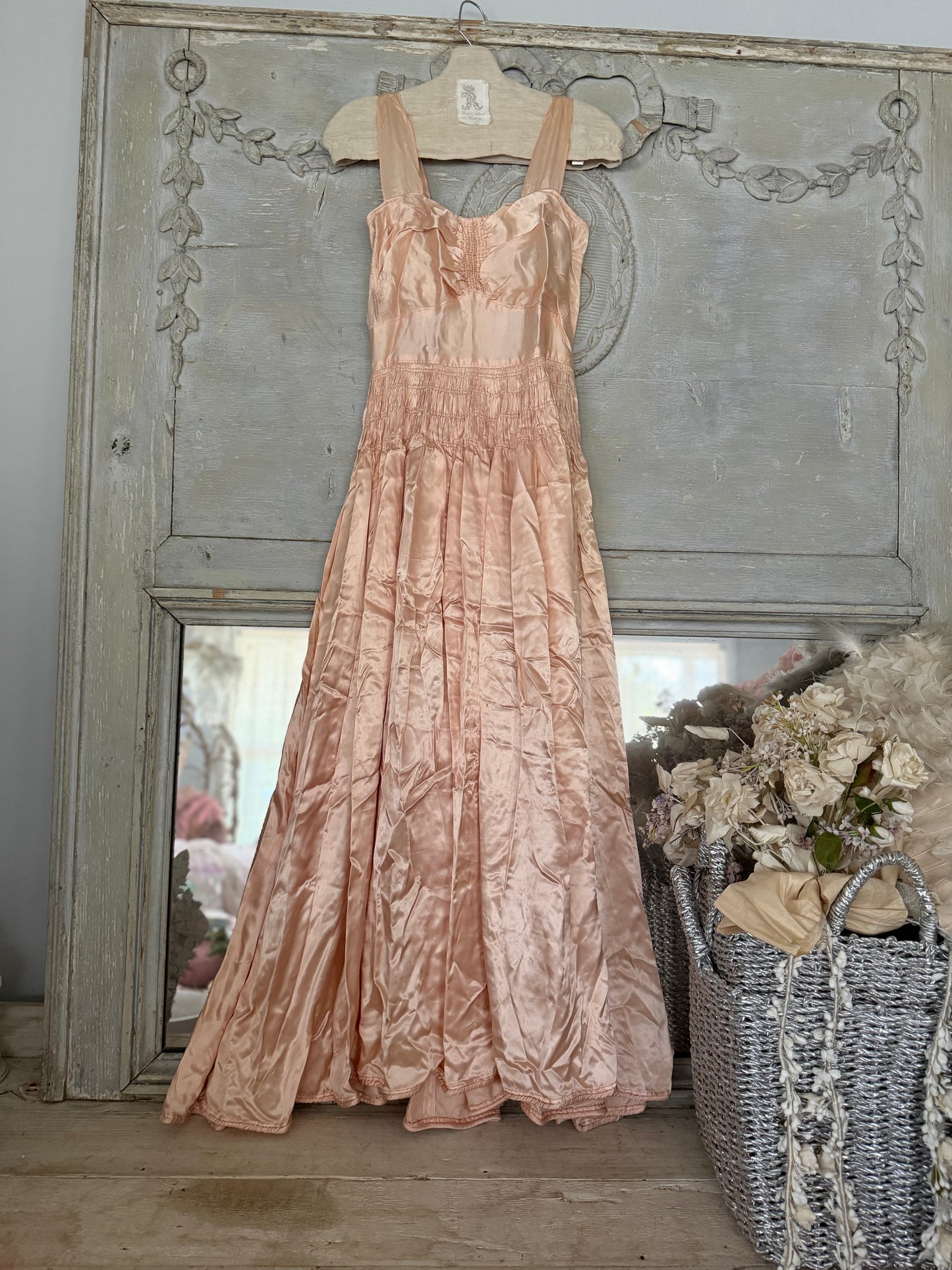 Antique Ballet Pink Satin Ruched Sweetheart Dress
