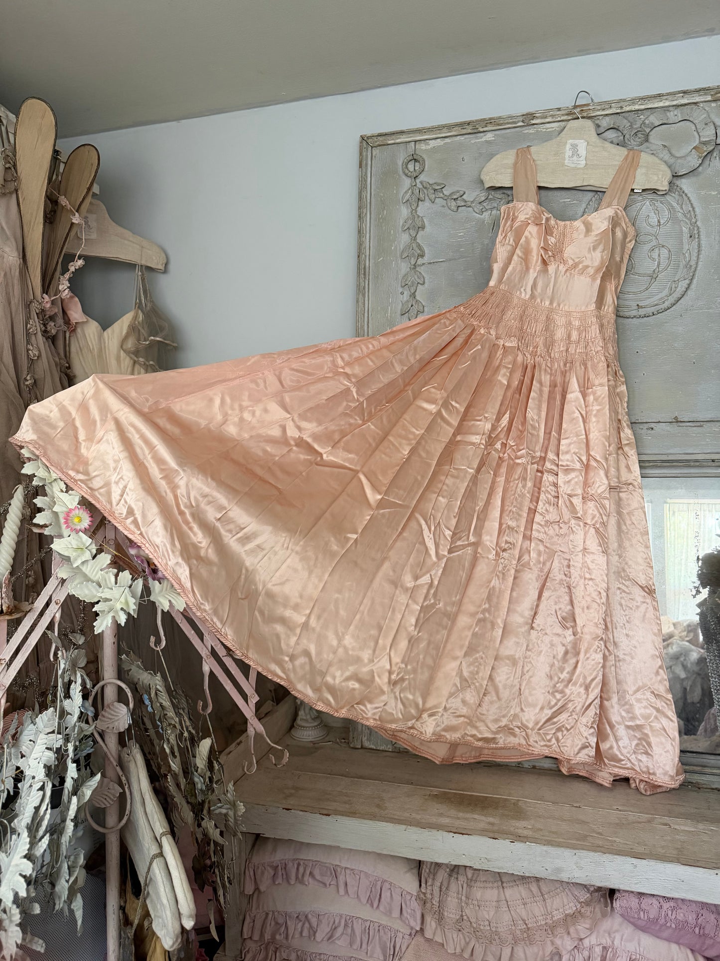 Antique Ballet Pink Satin Ruched Sweetheart Dress