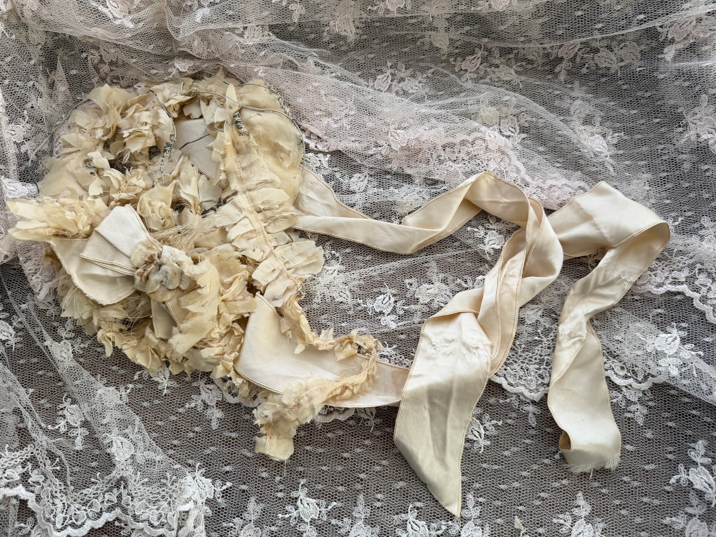 Antique Timeworn Cream Flower Millinery Hat Bonnet Silk Ribbon