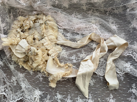 Antique Timeworn Cream Flower Millinery Hat Bonnet Silk Ribbon