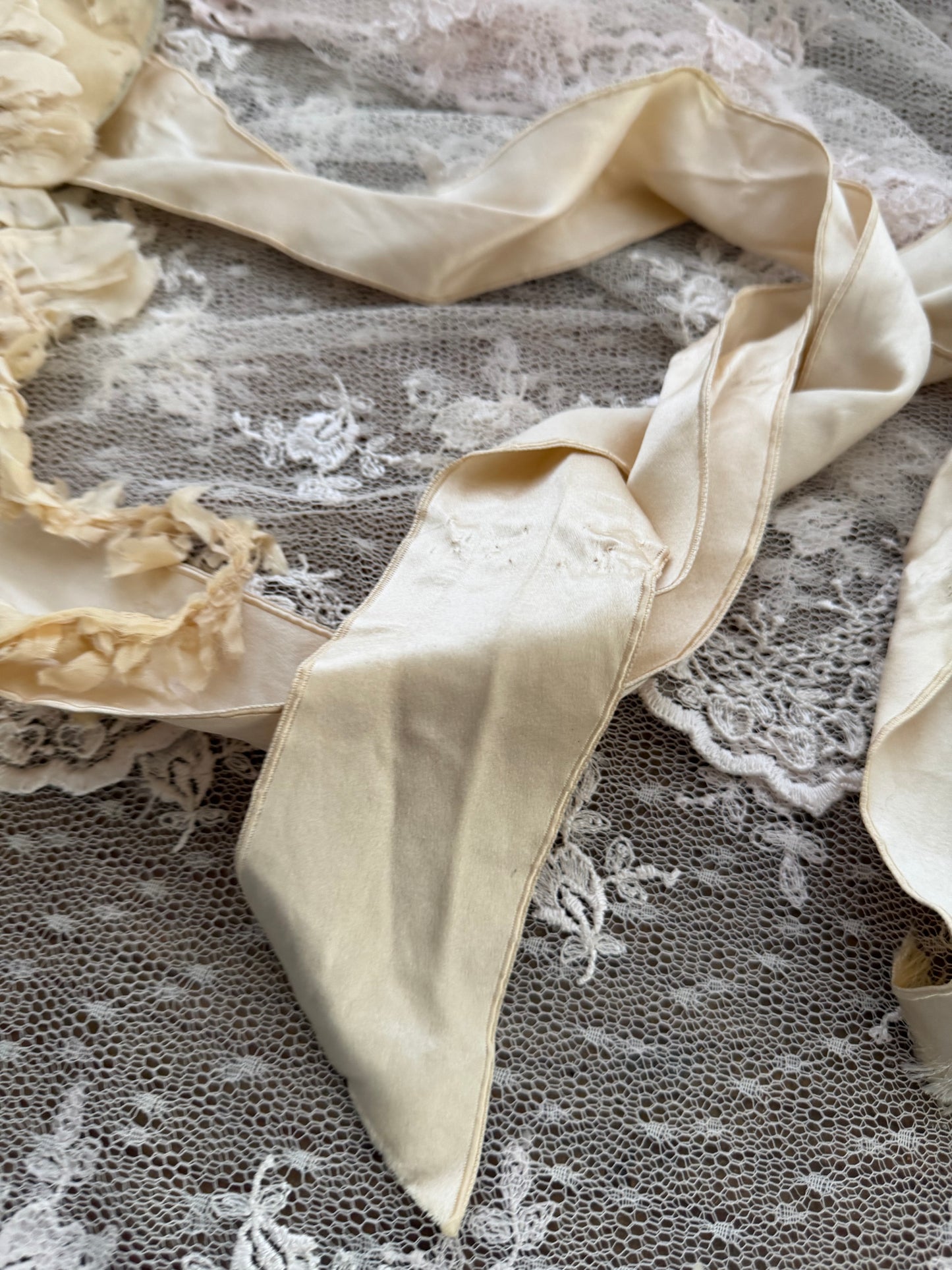 Antique Timeworn Cream Flower Millinery Hat Bonnet Silk Ribbon