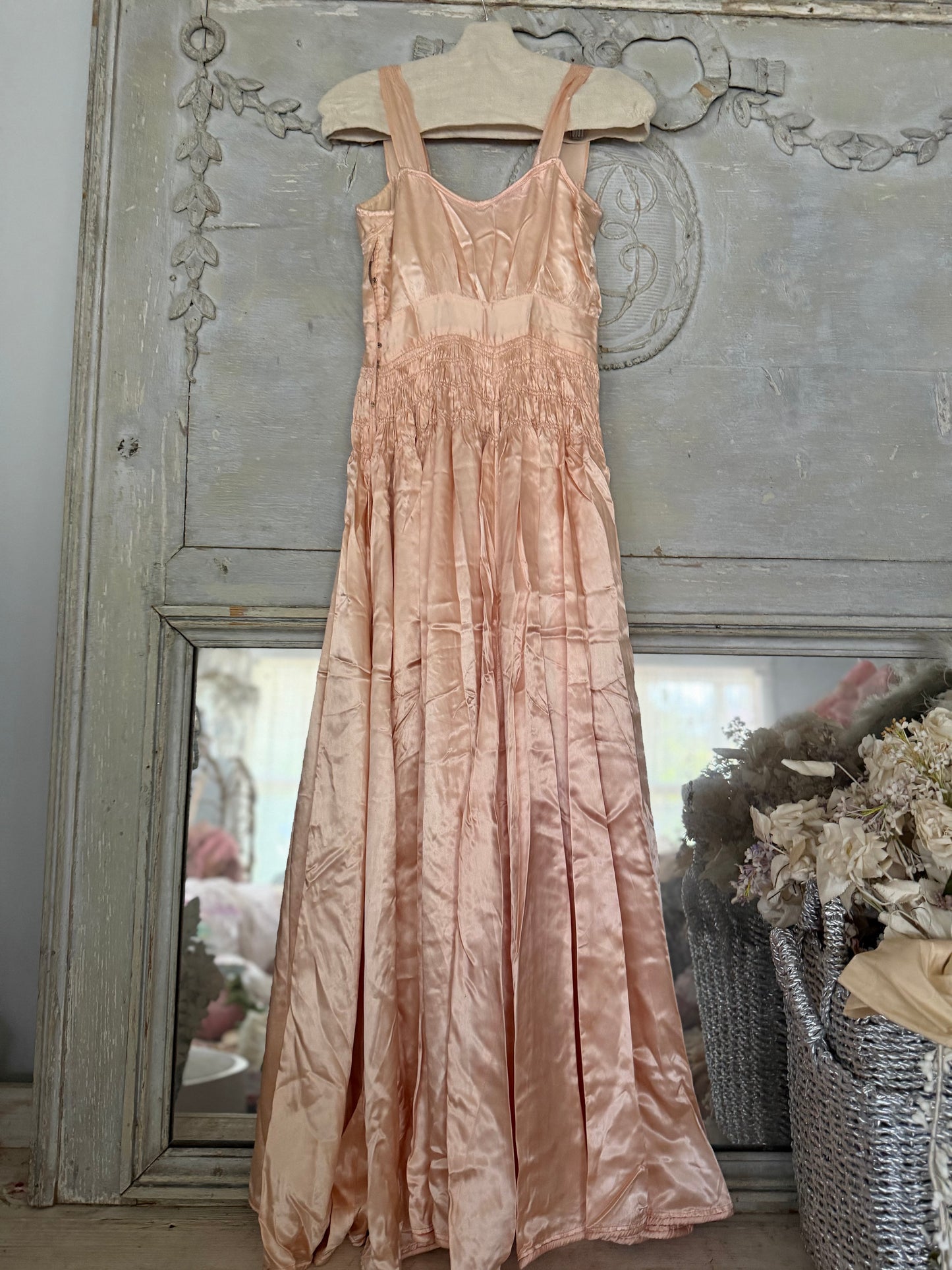 Antique Ballet Pink Satin Ruched Sweetheart Dress