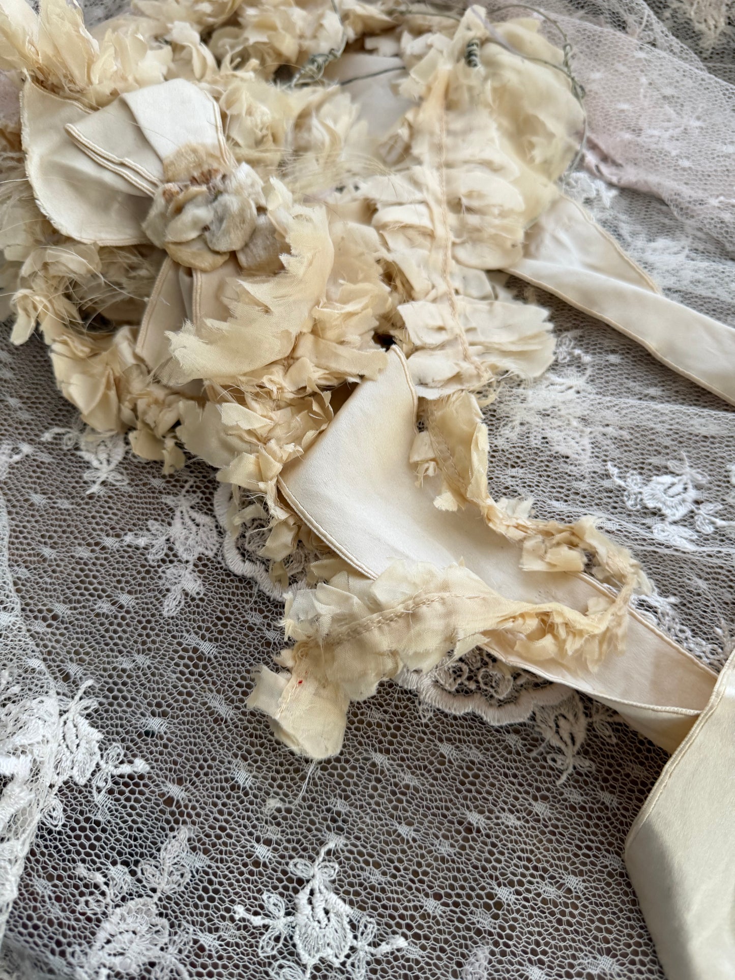 Antique Timeworn Cream Flower Millinery Hat Bonnet Silk Ribbon
