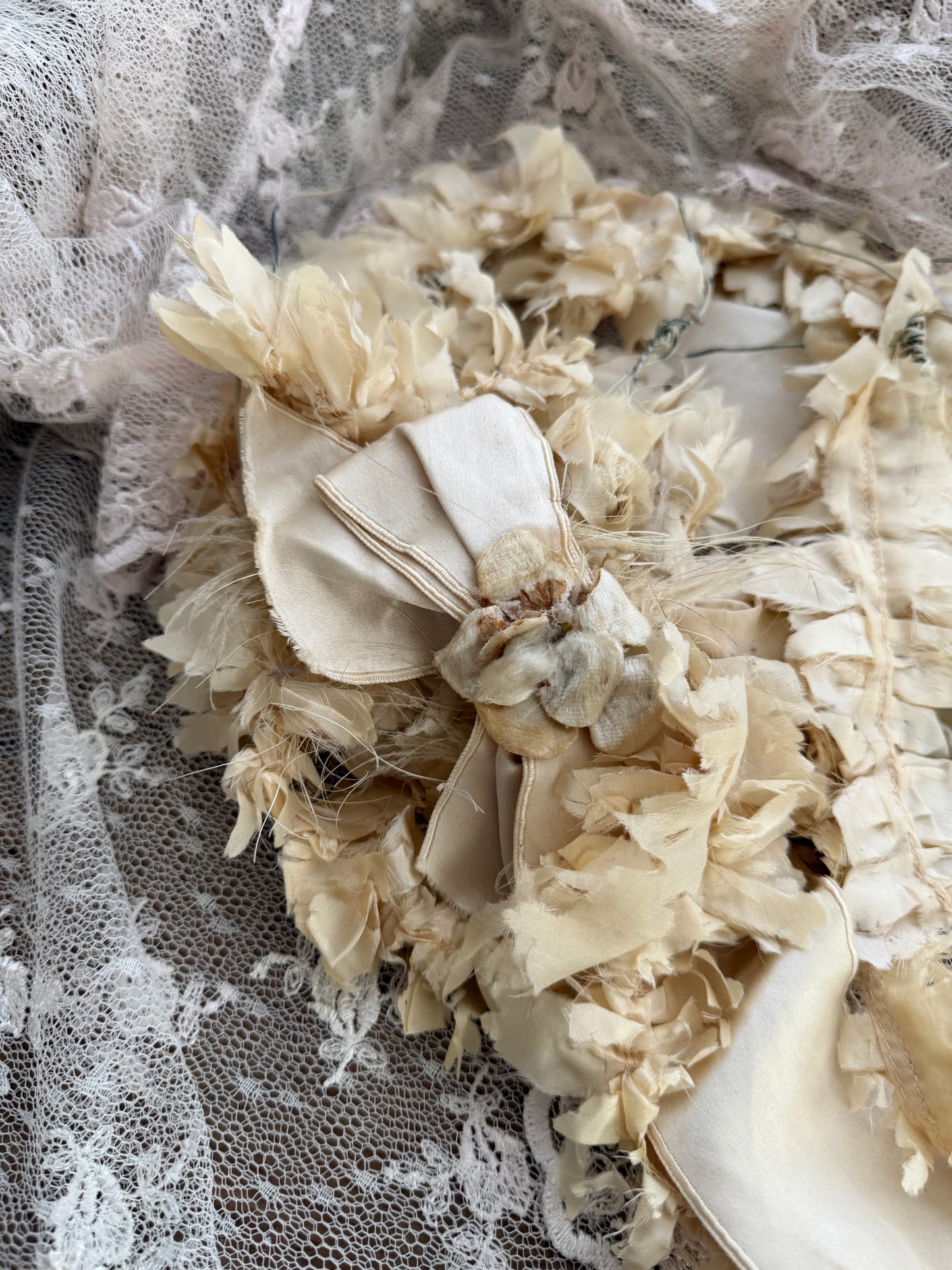 Antique Timeworn Cream Flower Millinery Hat Bonnet Silk Ribbon