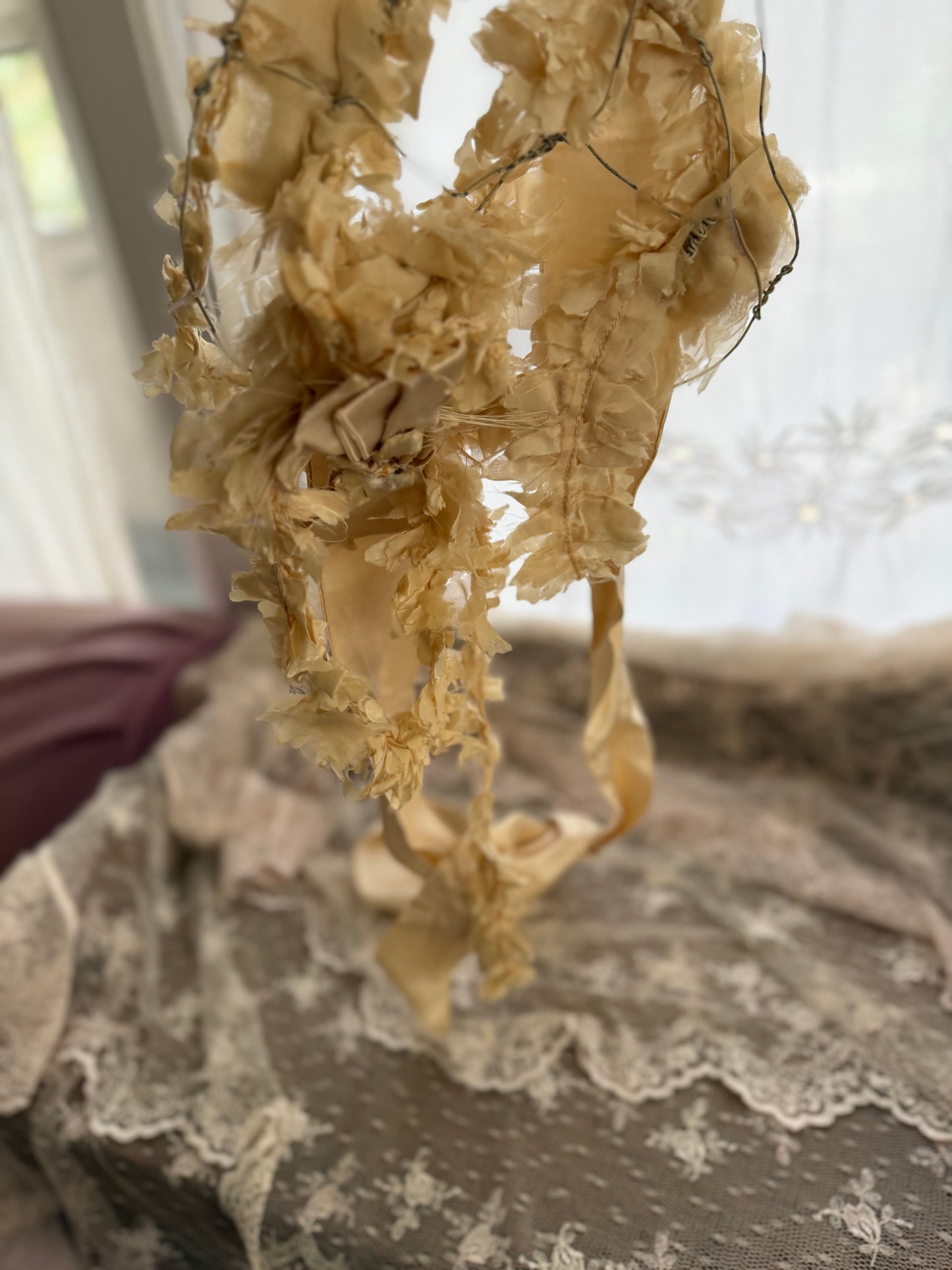 Antique Timeworn Cream Flower Millinery Hat Bonnet Silk Ribbon