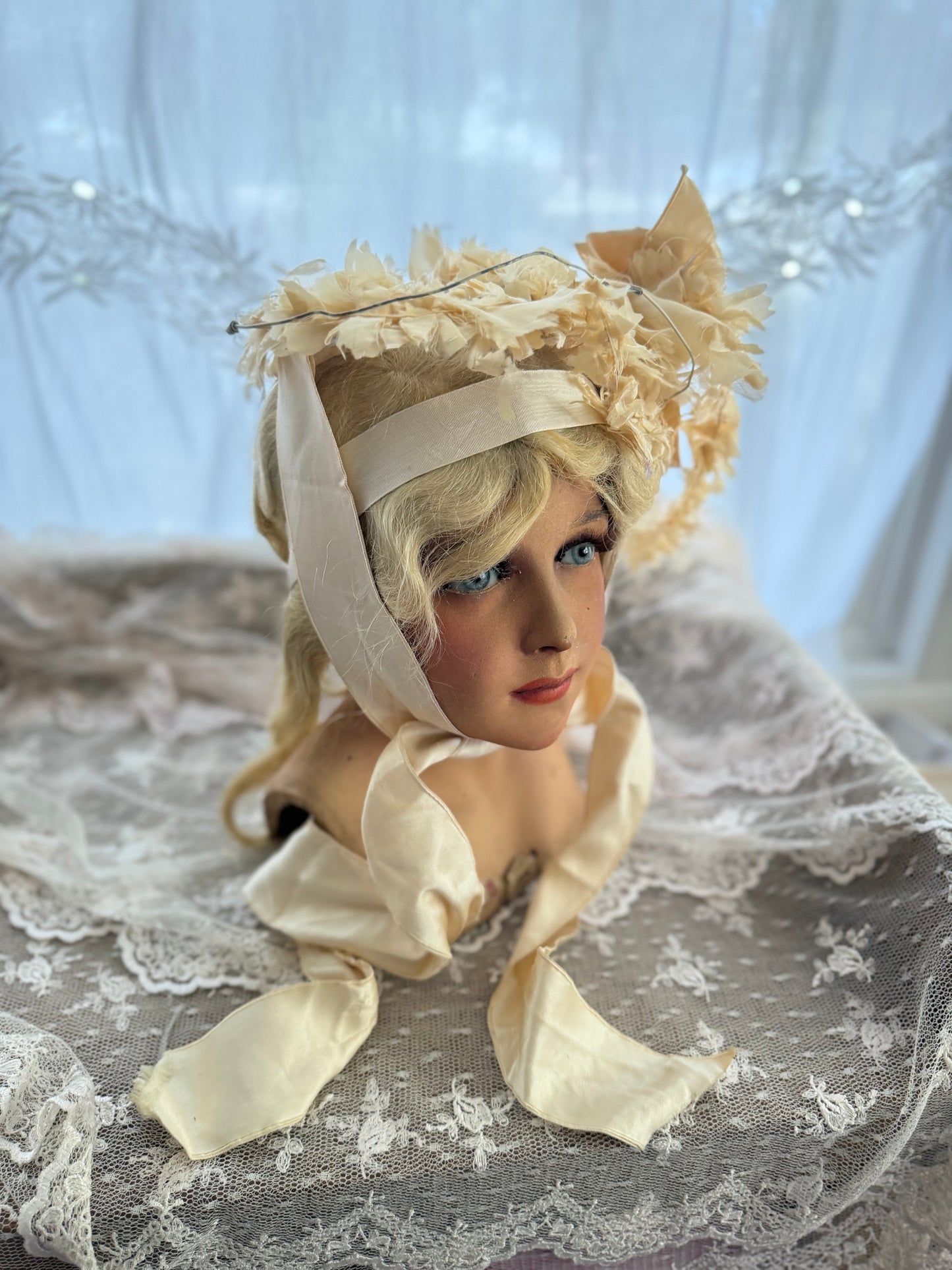 Antique Timeworn Cream Flower Millinery Hat Bonnet Silk Ribbon