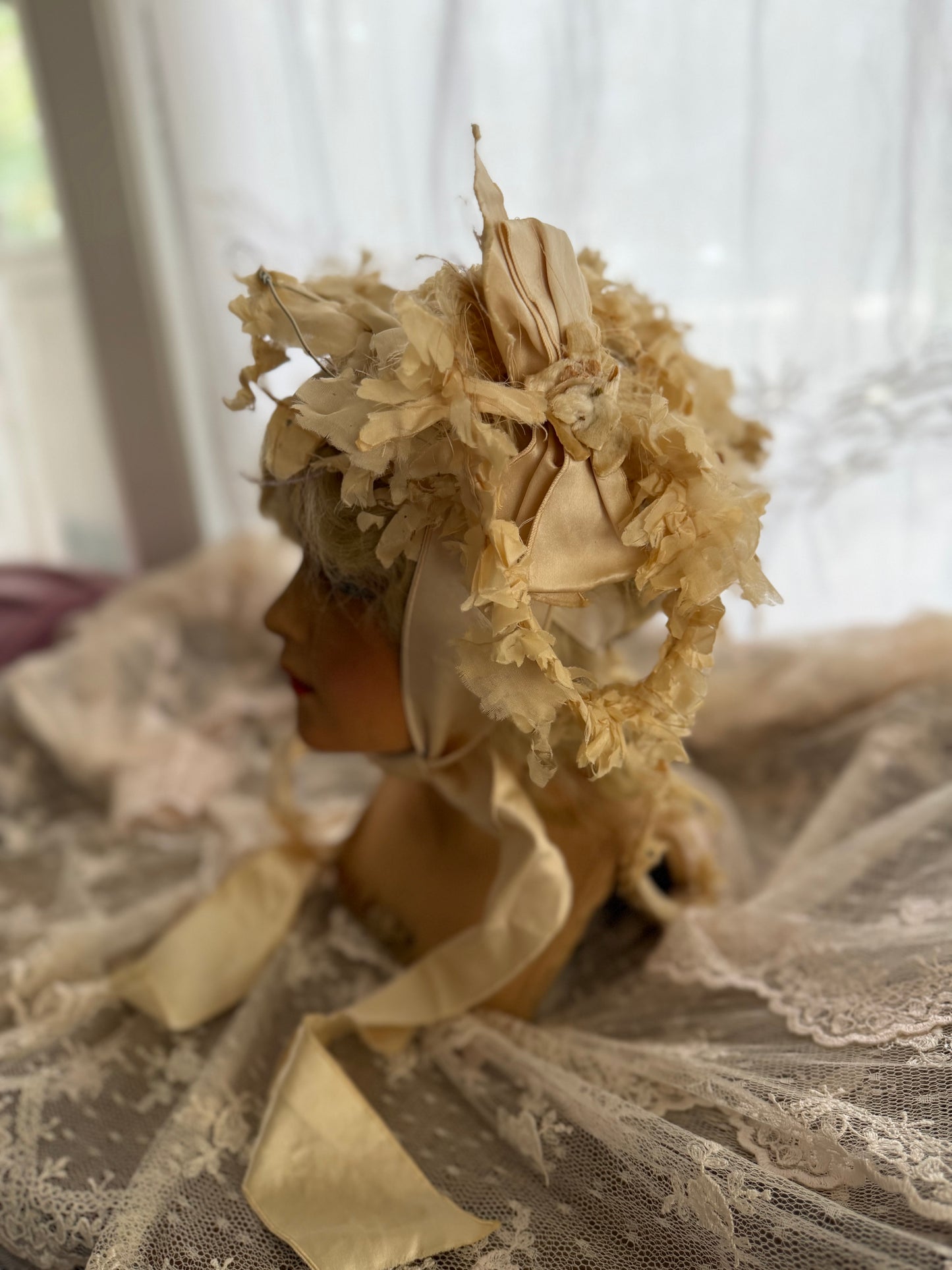 Antique Timeworn Cream Flower Millinery Hat Bonnet Silk Ribbon