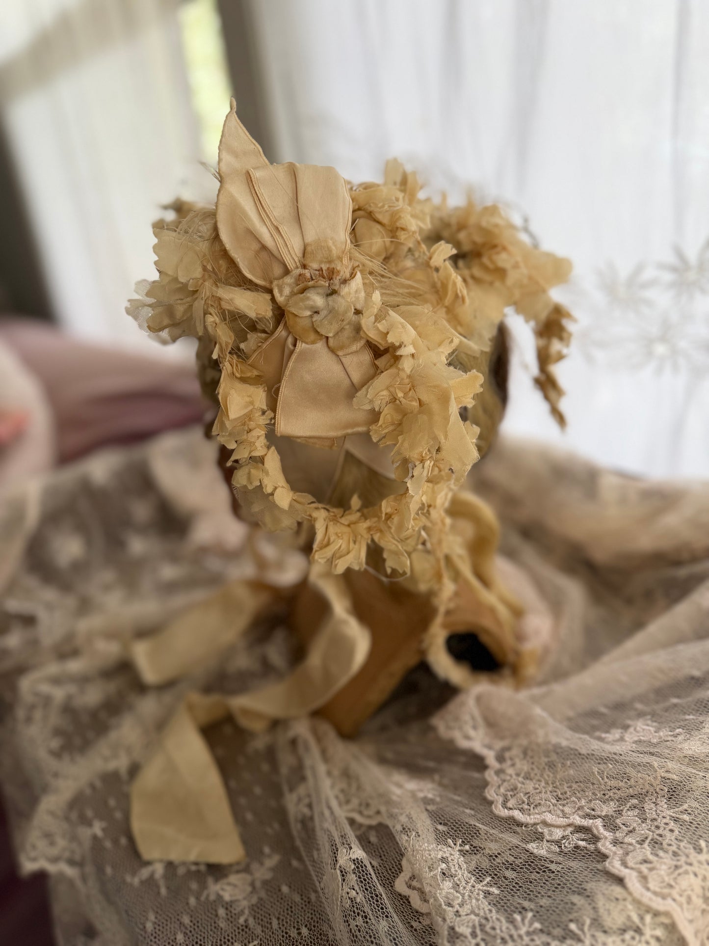 Antique Timeworn Cream Flower Millinery Hat Bonnet Silk Ribbon