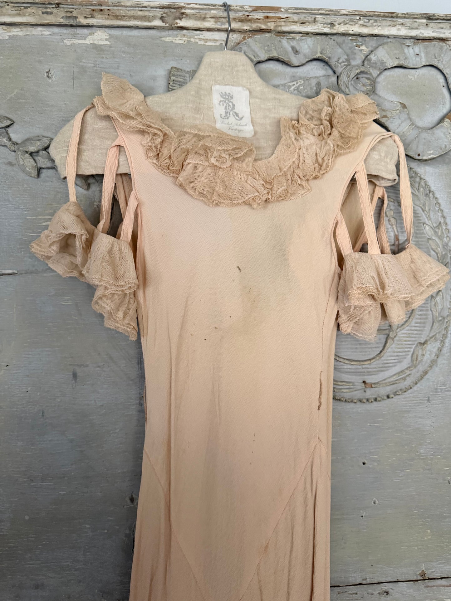 Antique Pink Silk Crepe Ruffled Lace Bias Cut Style Dress