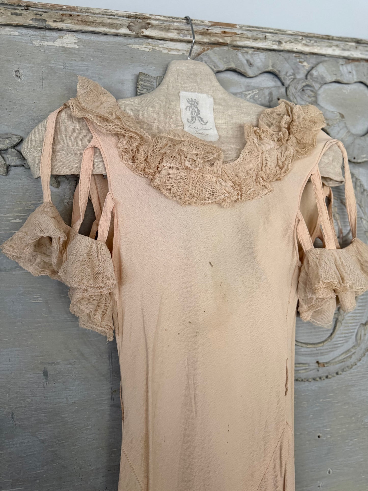 Antique Pink Silk Crepe Ruffled Lace Bias Cut Style Dress