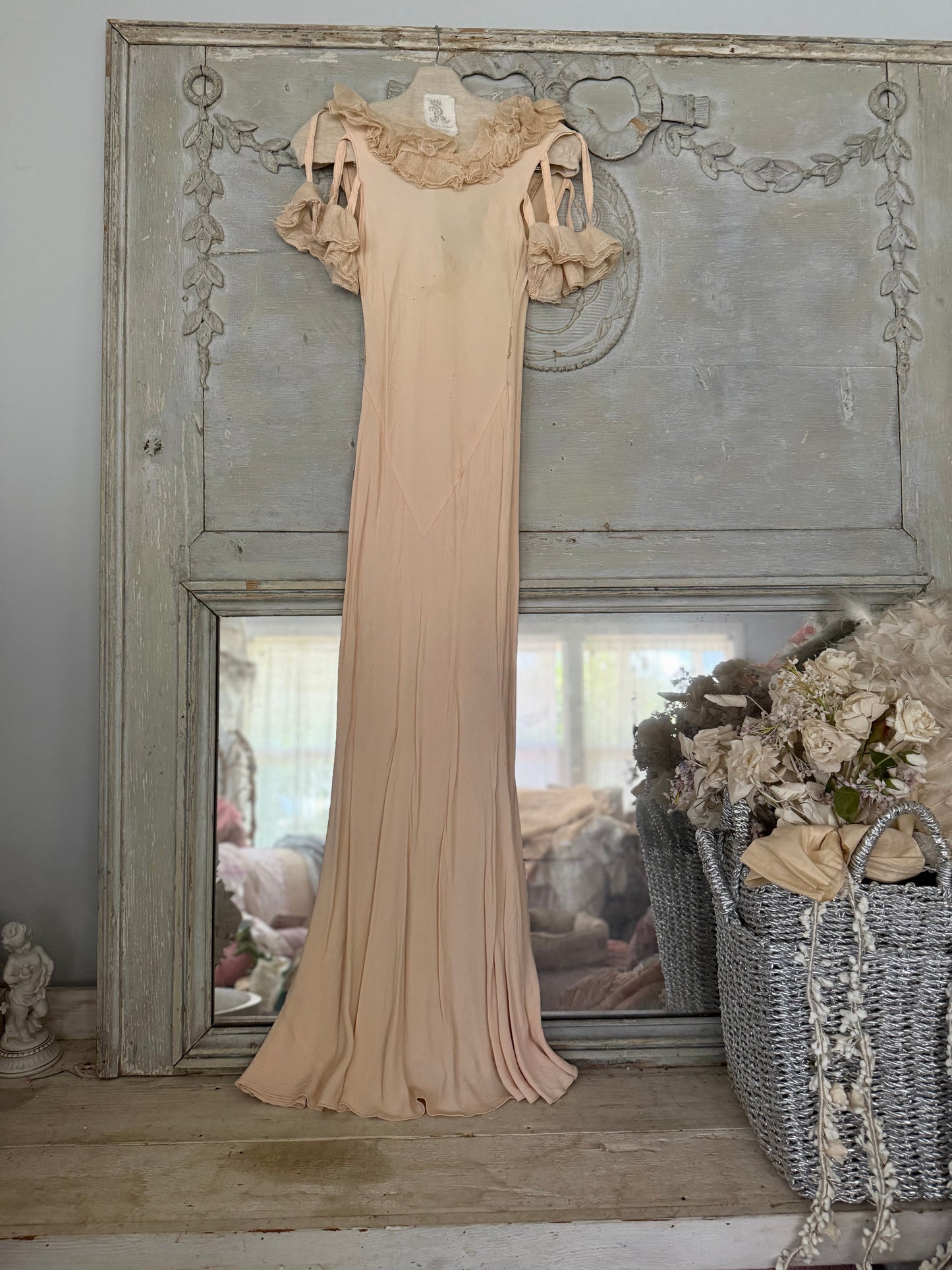 Antique Pink Silk Crepe Ruffled Lace Bias Cut Style Dress