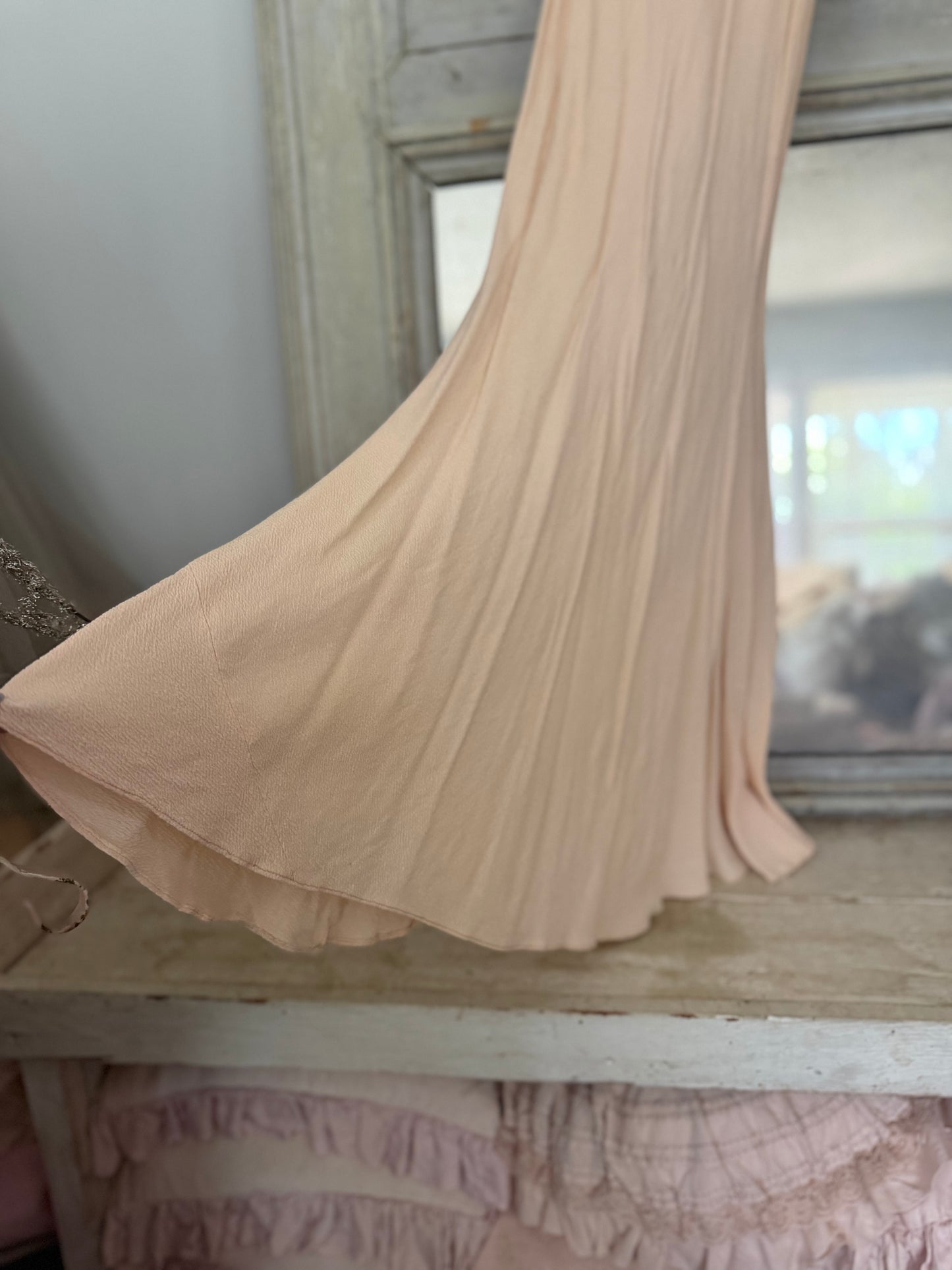 Antique Pink Silk Crepe Ruffled Lace Bias Cut Style Dress