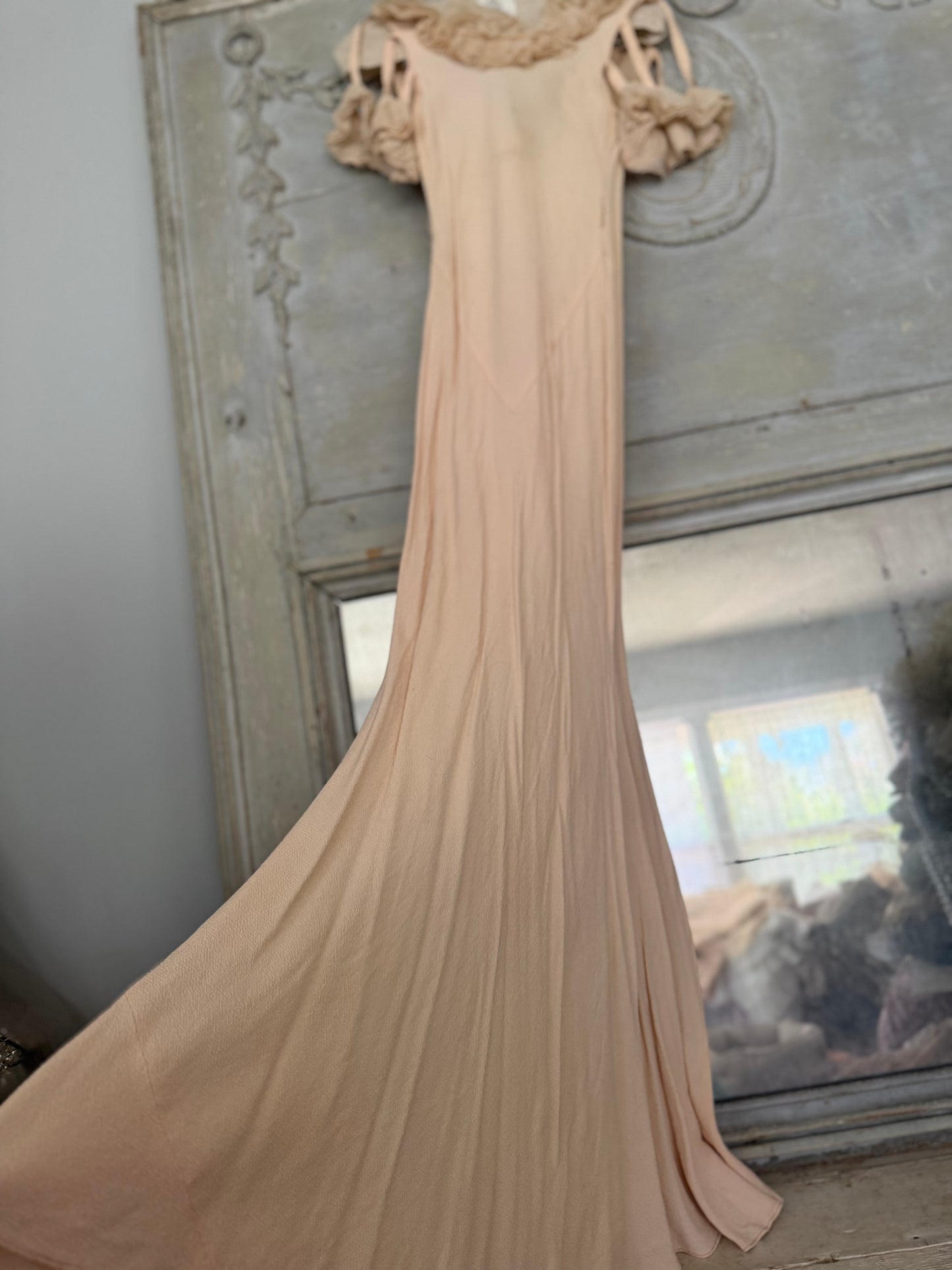 Antique Pink Silk Crepe Ruffled Lace Bias Cut Style Dress
