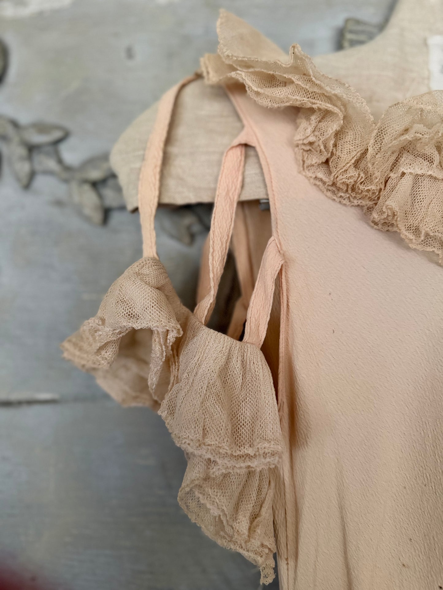 Antique Pink Silk Crepe Ruffled Lace Bias Cut Style Dress