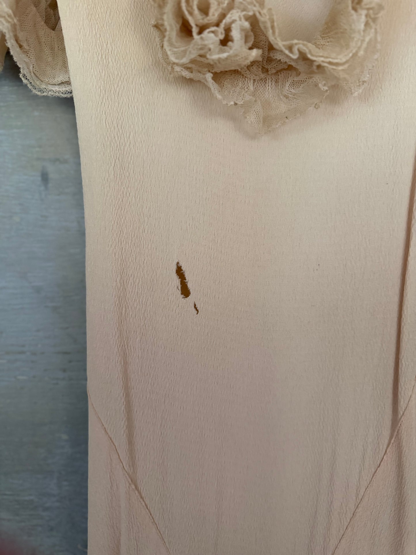 Antique Pink Silk Crepe Ruffled Lace Bias Cut Style Dress