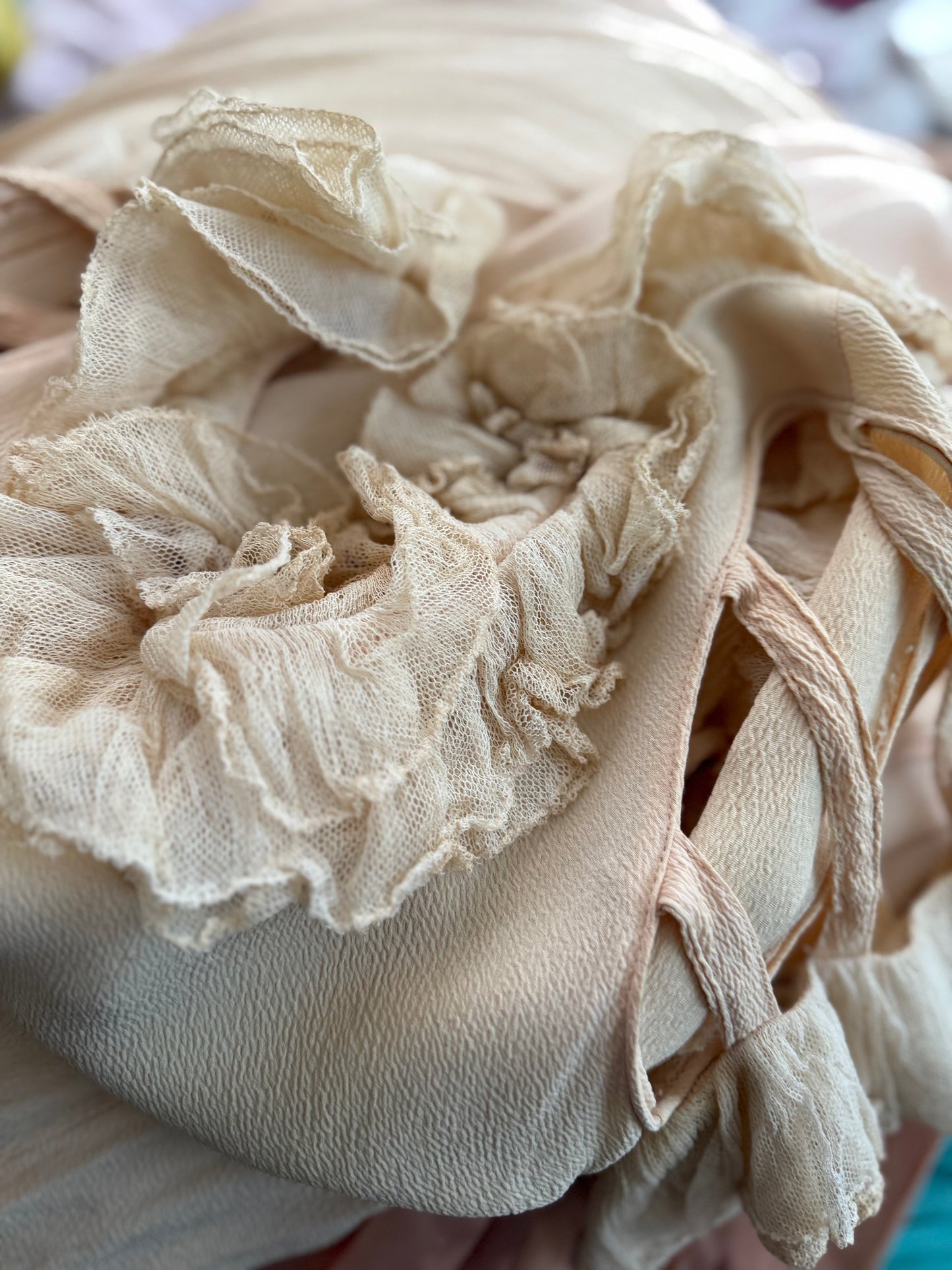 Antique Pink Silk Crepe Ruffled Lace Bias Cut Style Dress