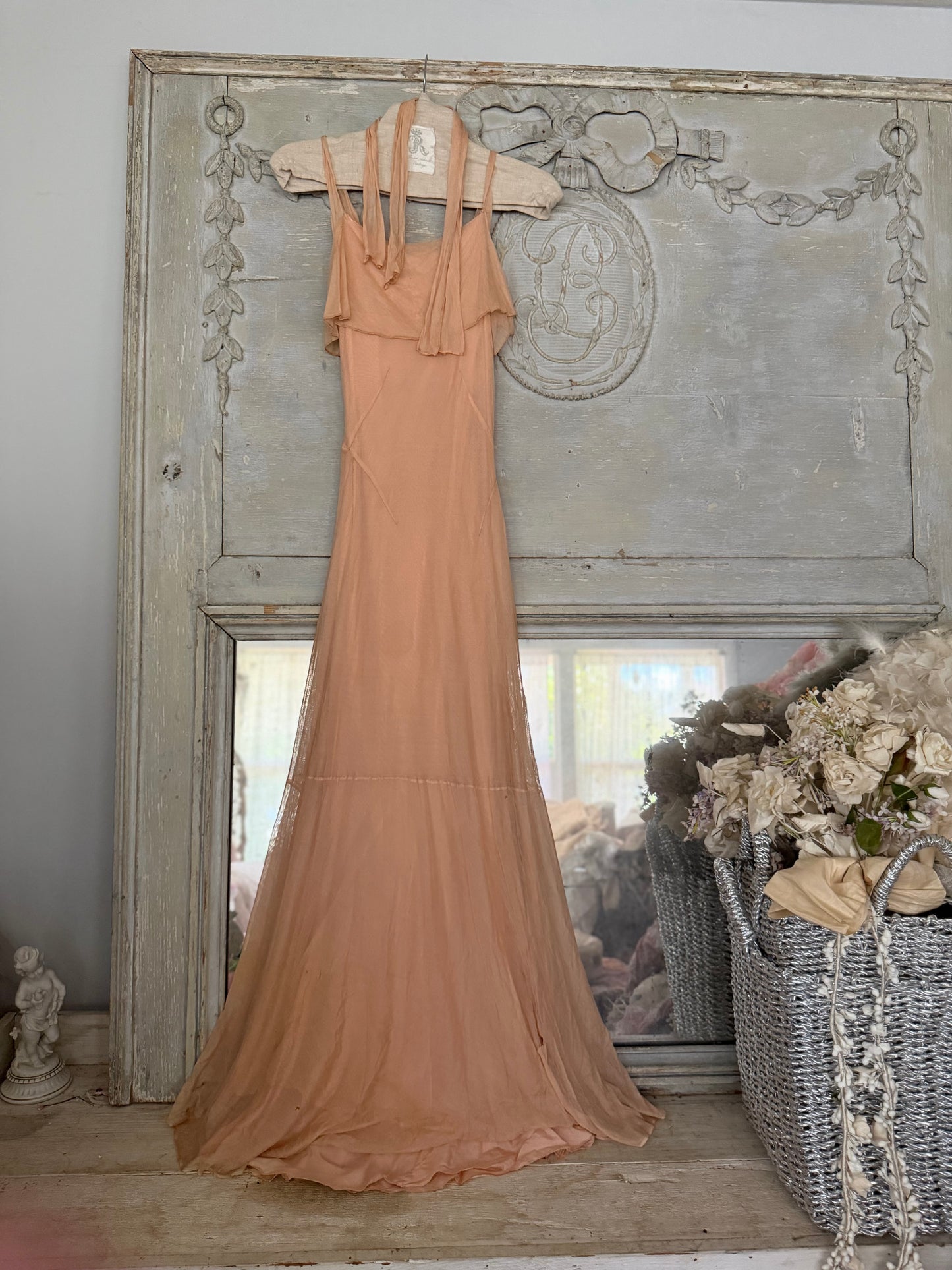 Antique Dusty Pink Net Lace Bias Cut Dress