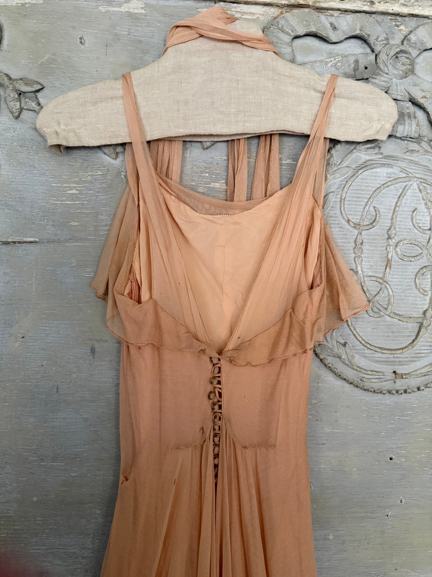 Antique Dusty Pink Net Lace Bias Cut Dress