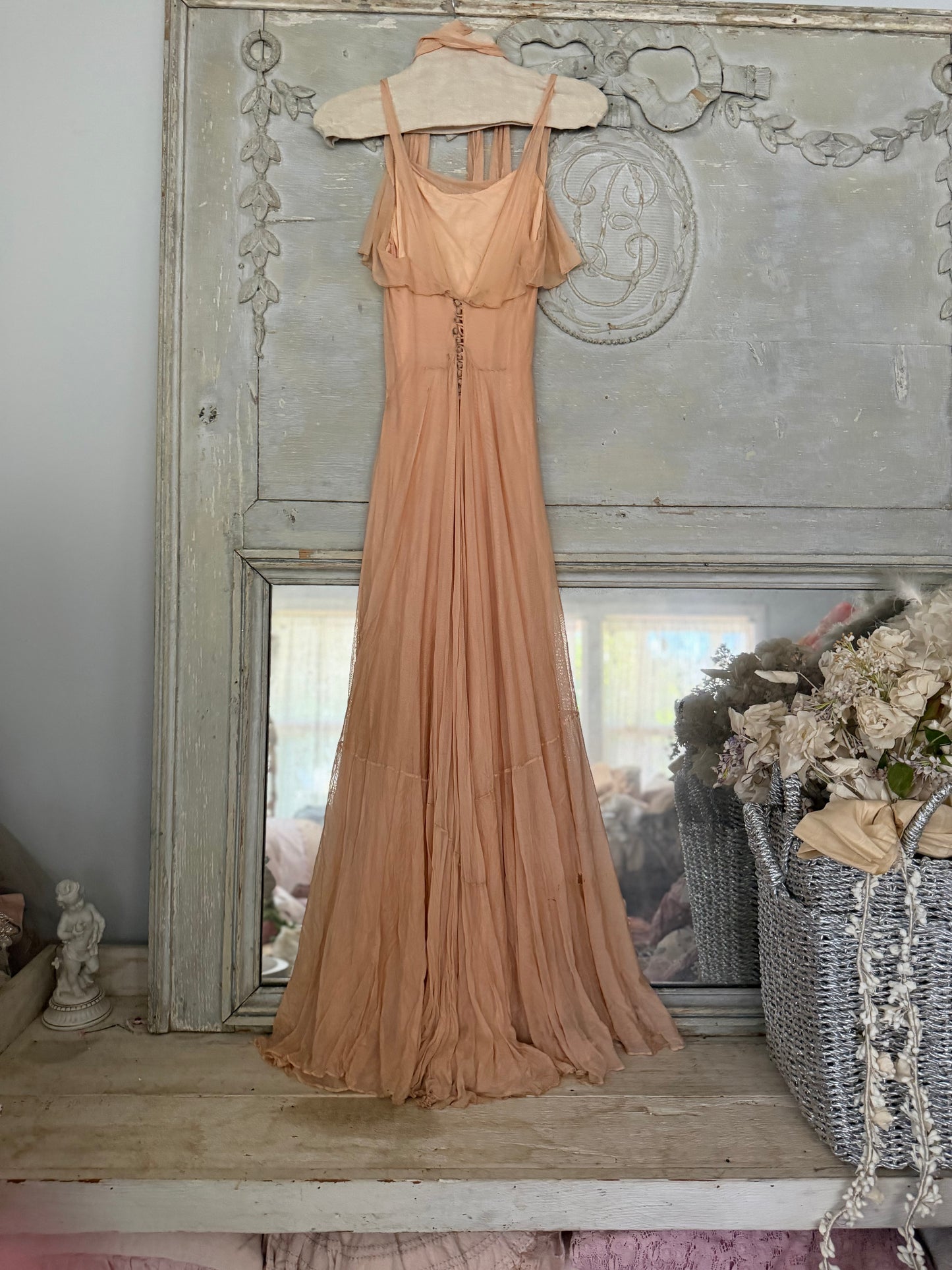Antique Dusty Pink Net Lace Bias Cut Dress