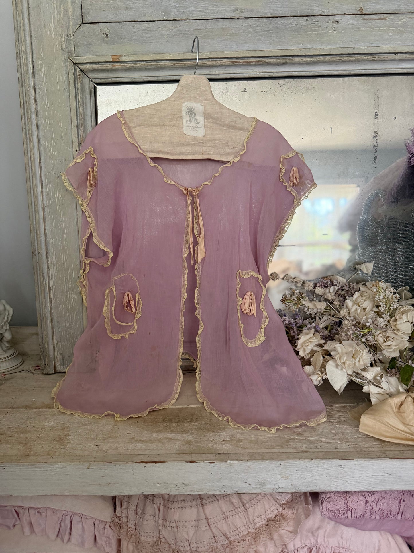 Antique Lavender Lace Pink Silk Ribbon Bed Jacket