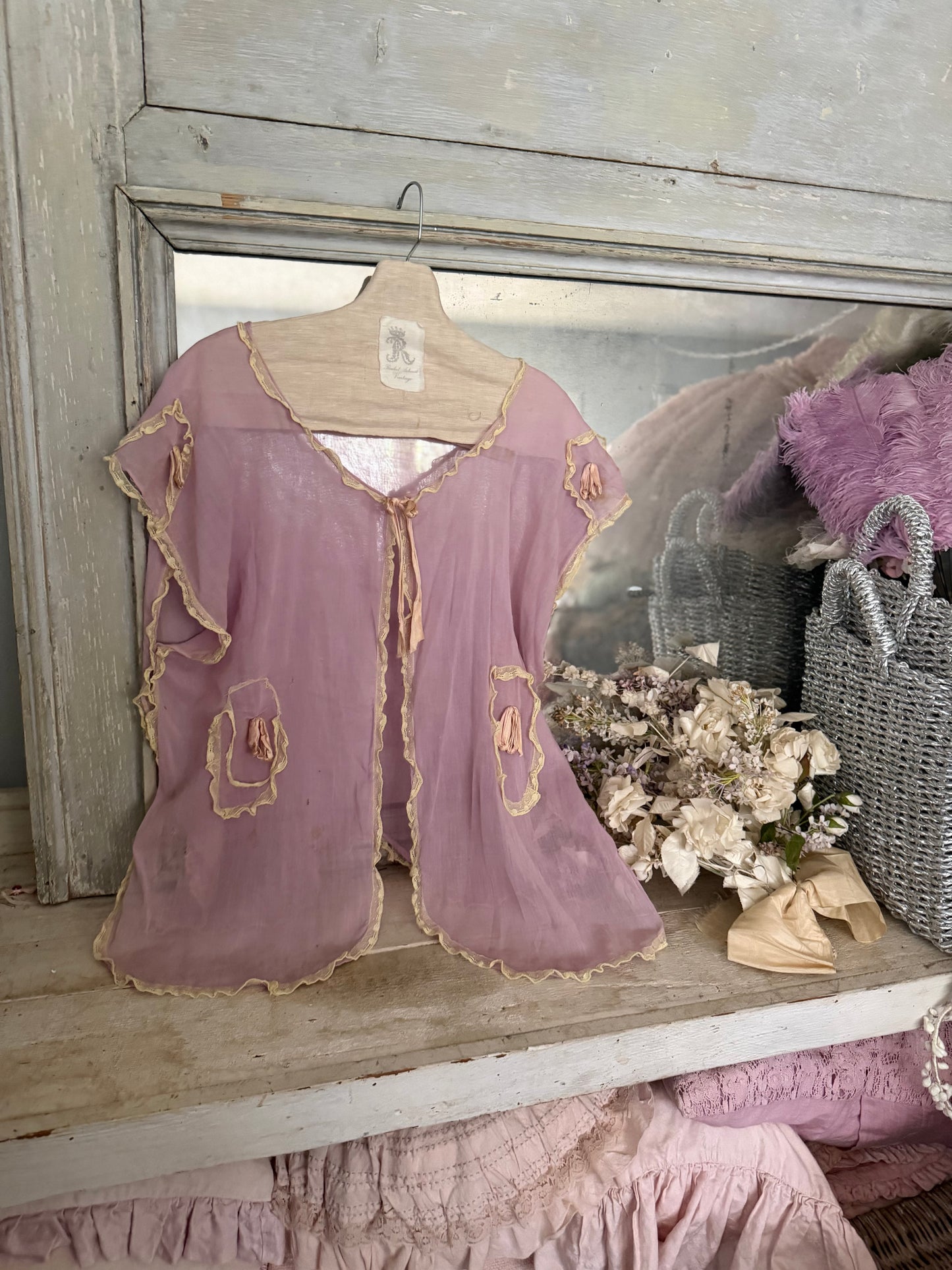 Antique Lavender Lace Pink Silk Ribbon Bed Jacket