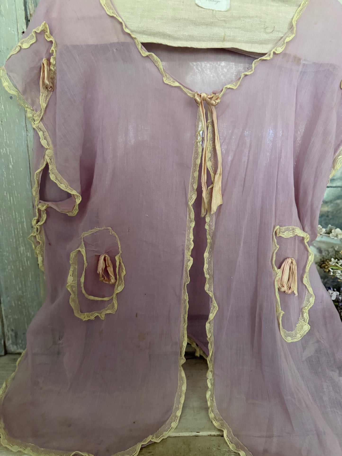 Antique Lavender Lace Pink Silk Ribbon Bed Jacket
