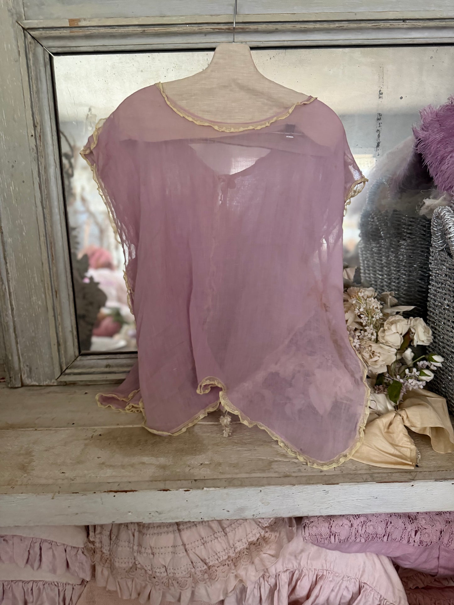 Antique Lavender Lace Pink Silk Ribbon Bed Jacket