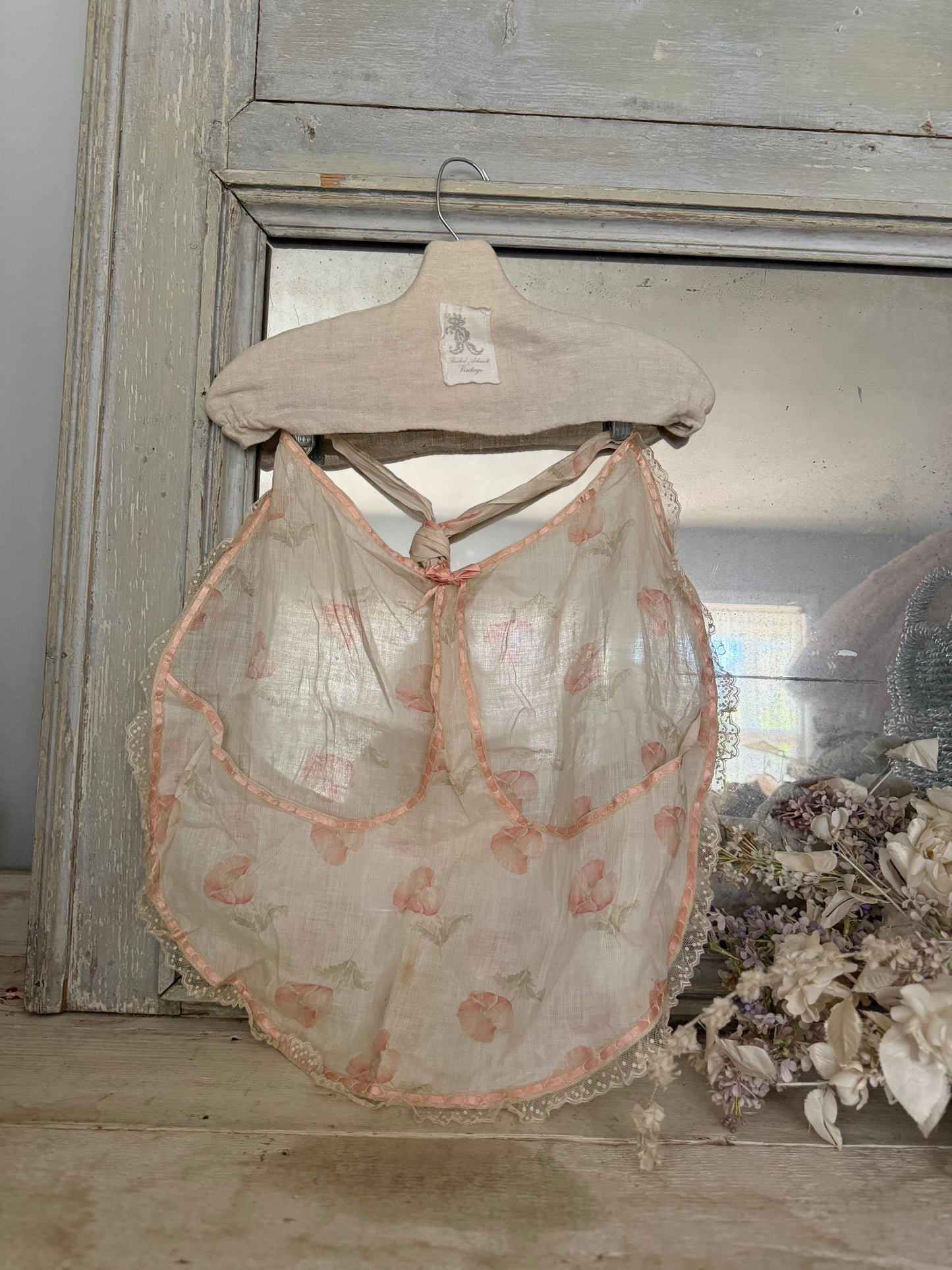 Antique Apron Skirt Pink Silk Ribbon Bows Lace