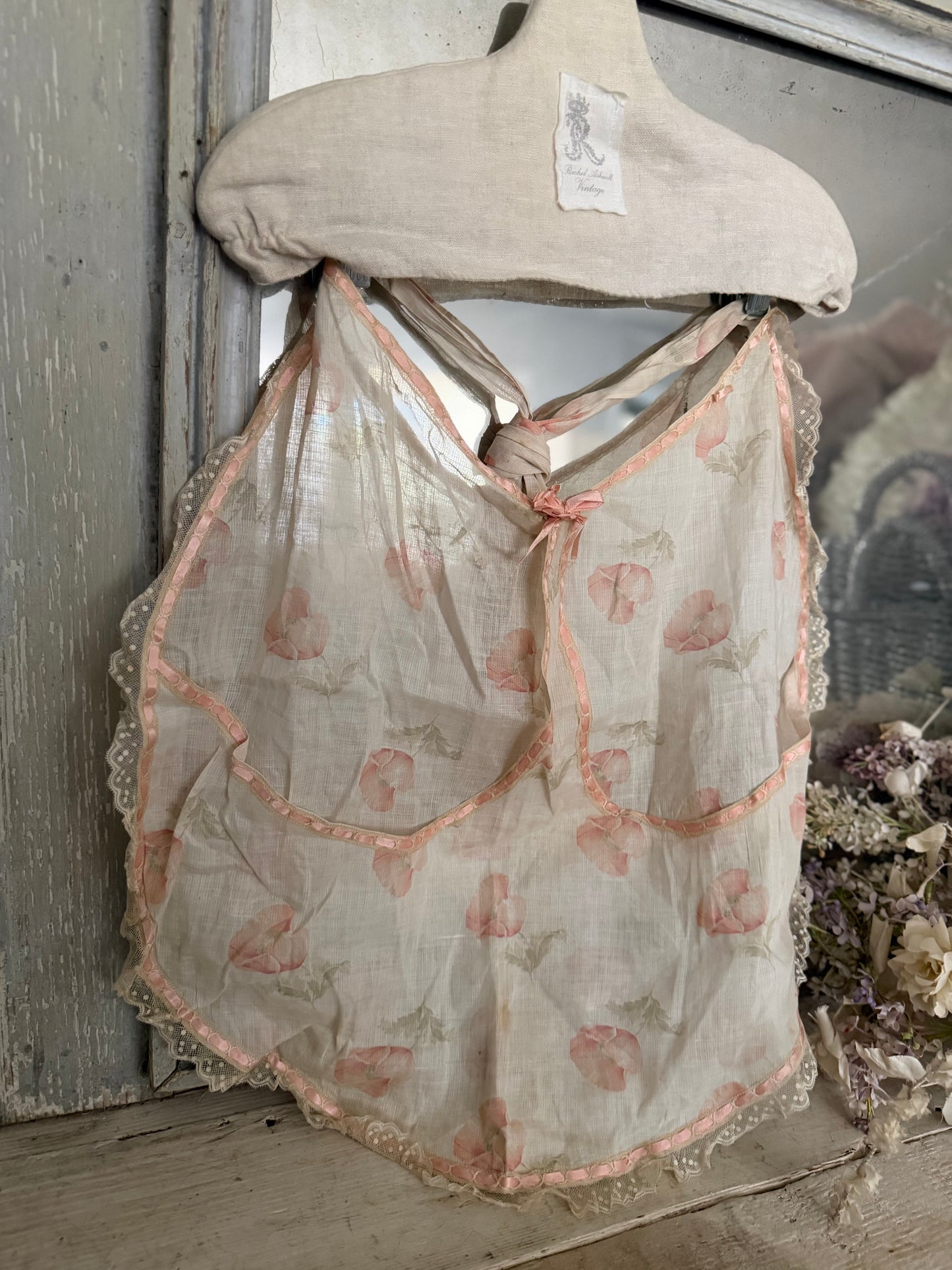 Antique Apron Skirt Pink Silk Ribbon Bows Lace
