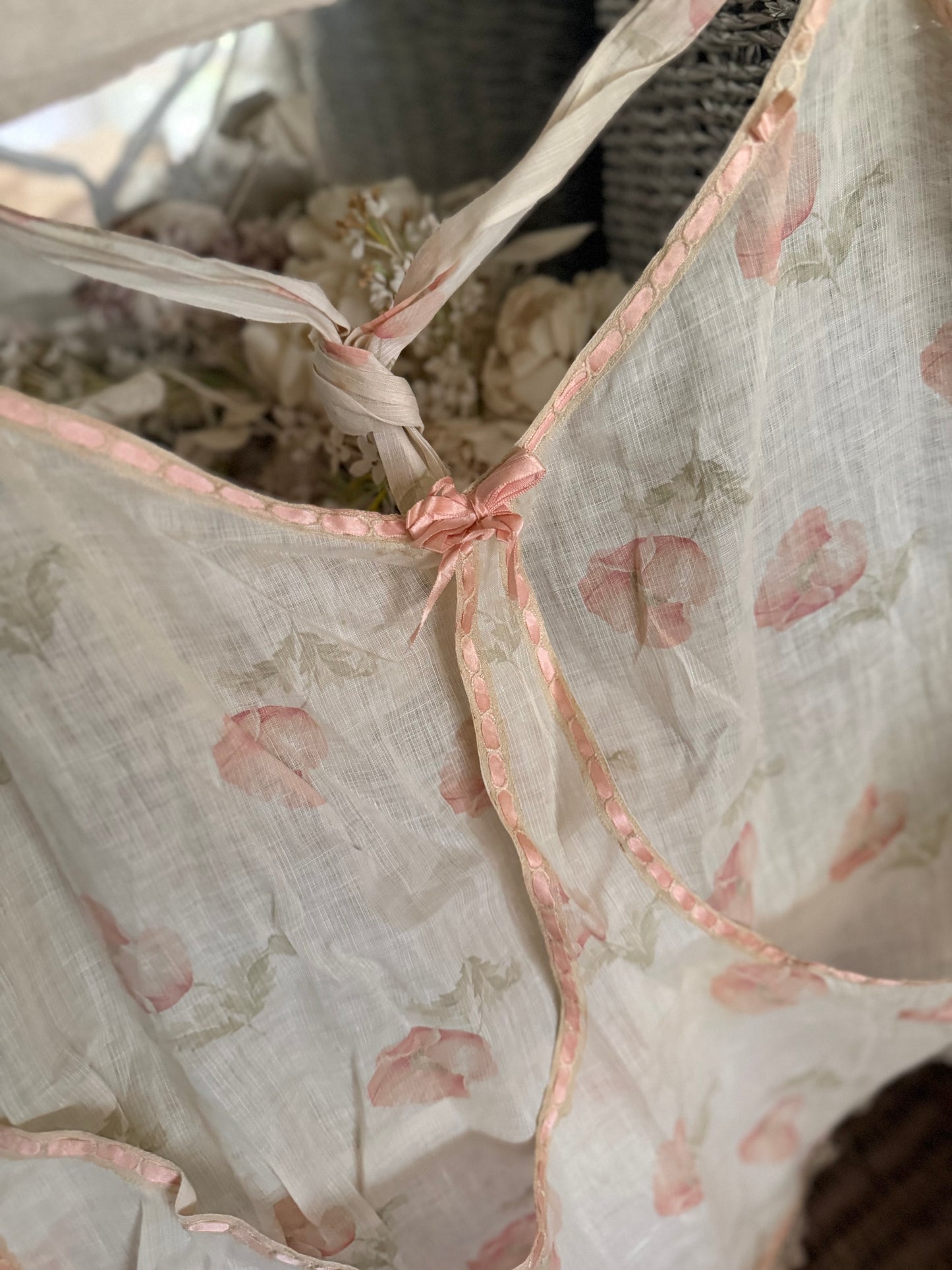 Antique Apron Skirt Pink Silk Ribbon Bows Lace