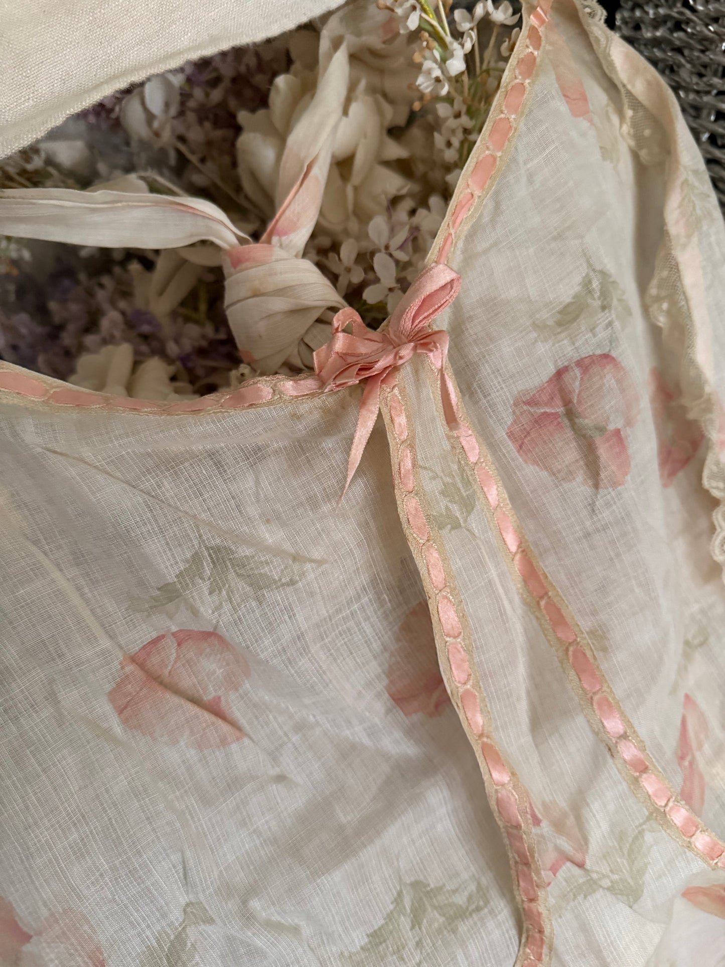 Antique Apron Skirt Pink Silk Ribbon Bows Lace