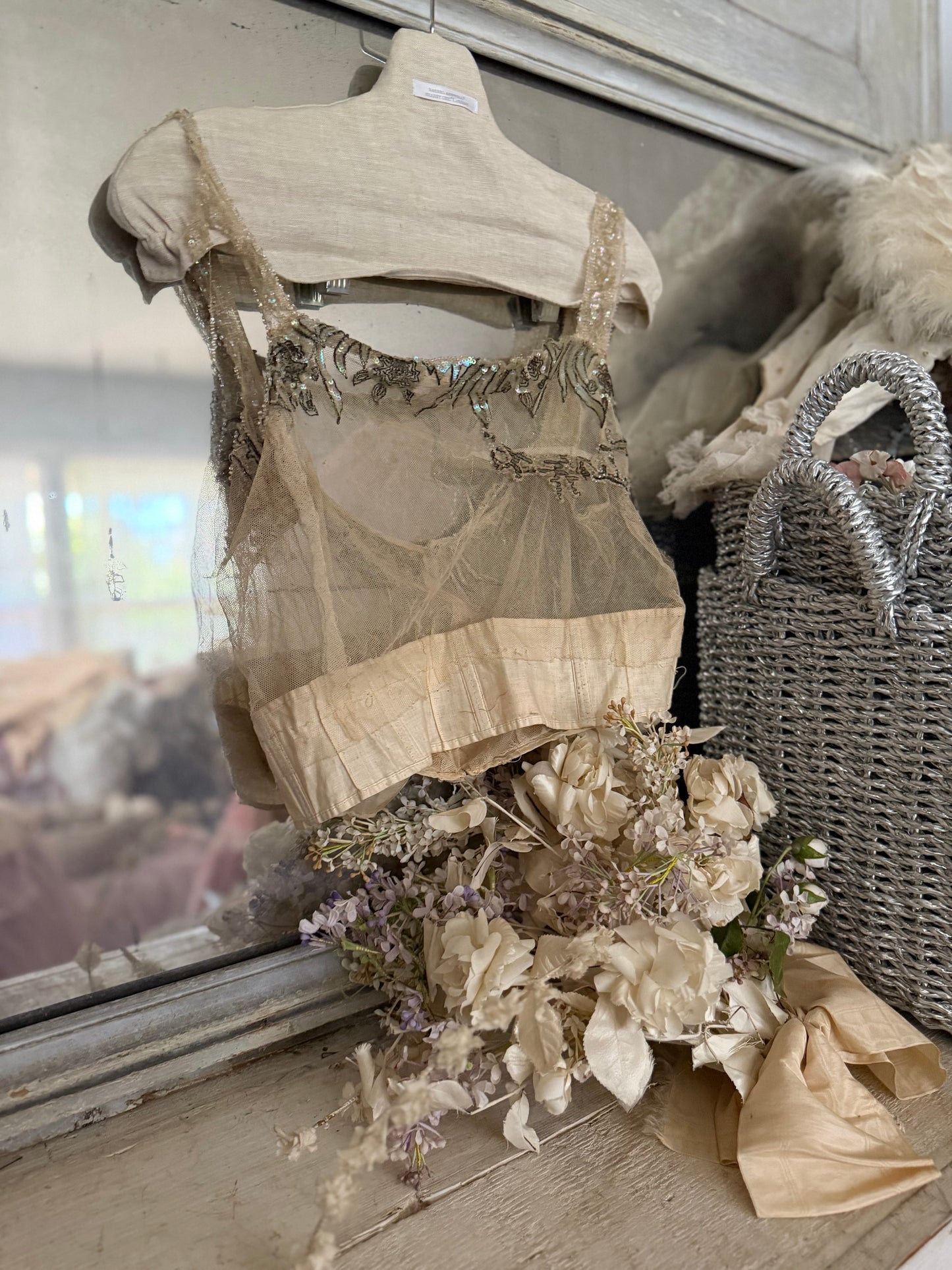 Antique AB Iridescent Net Lace Bodice