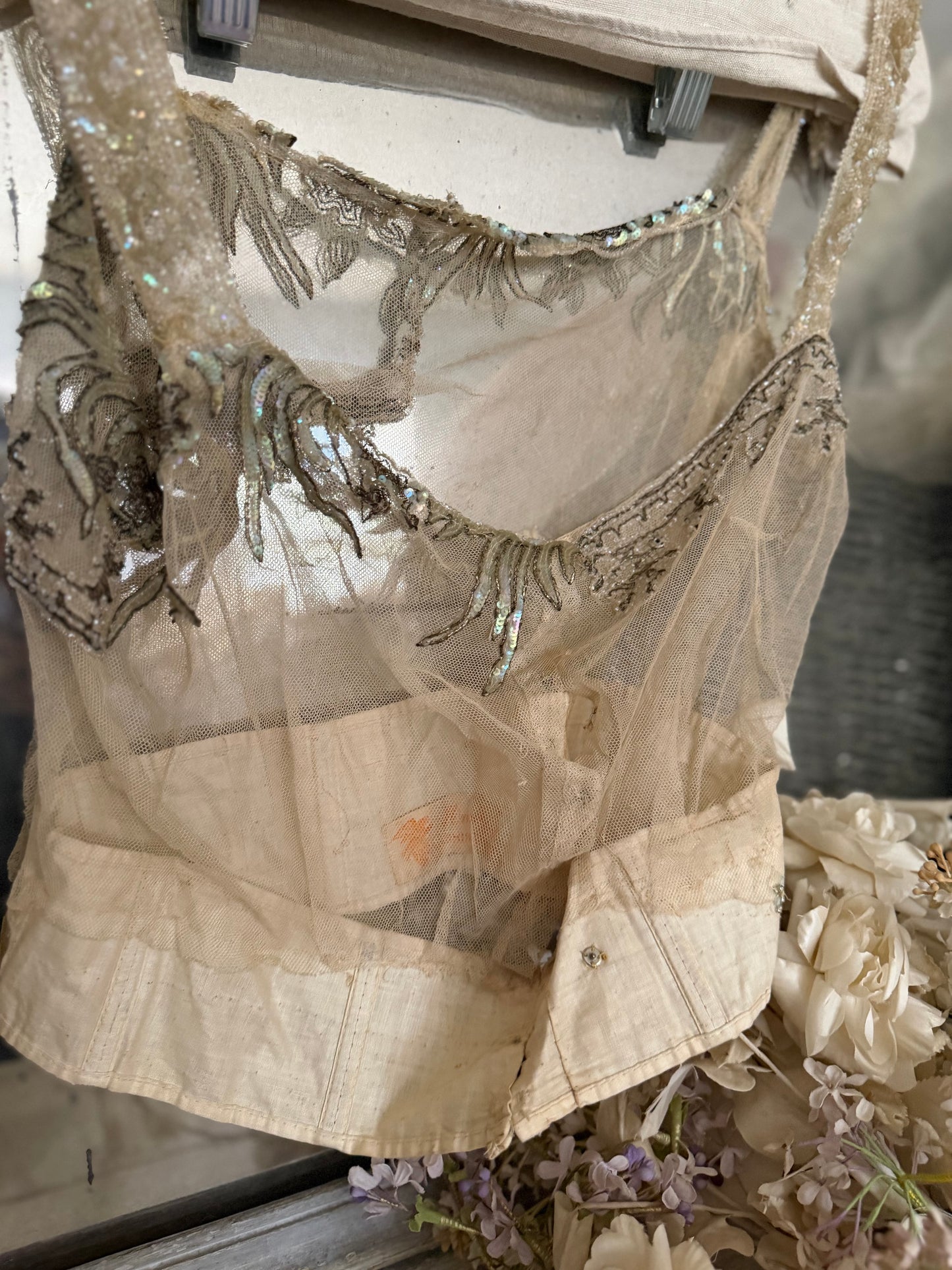 Antique AB Iridescent Net Lace Bodice