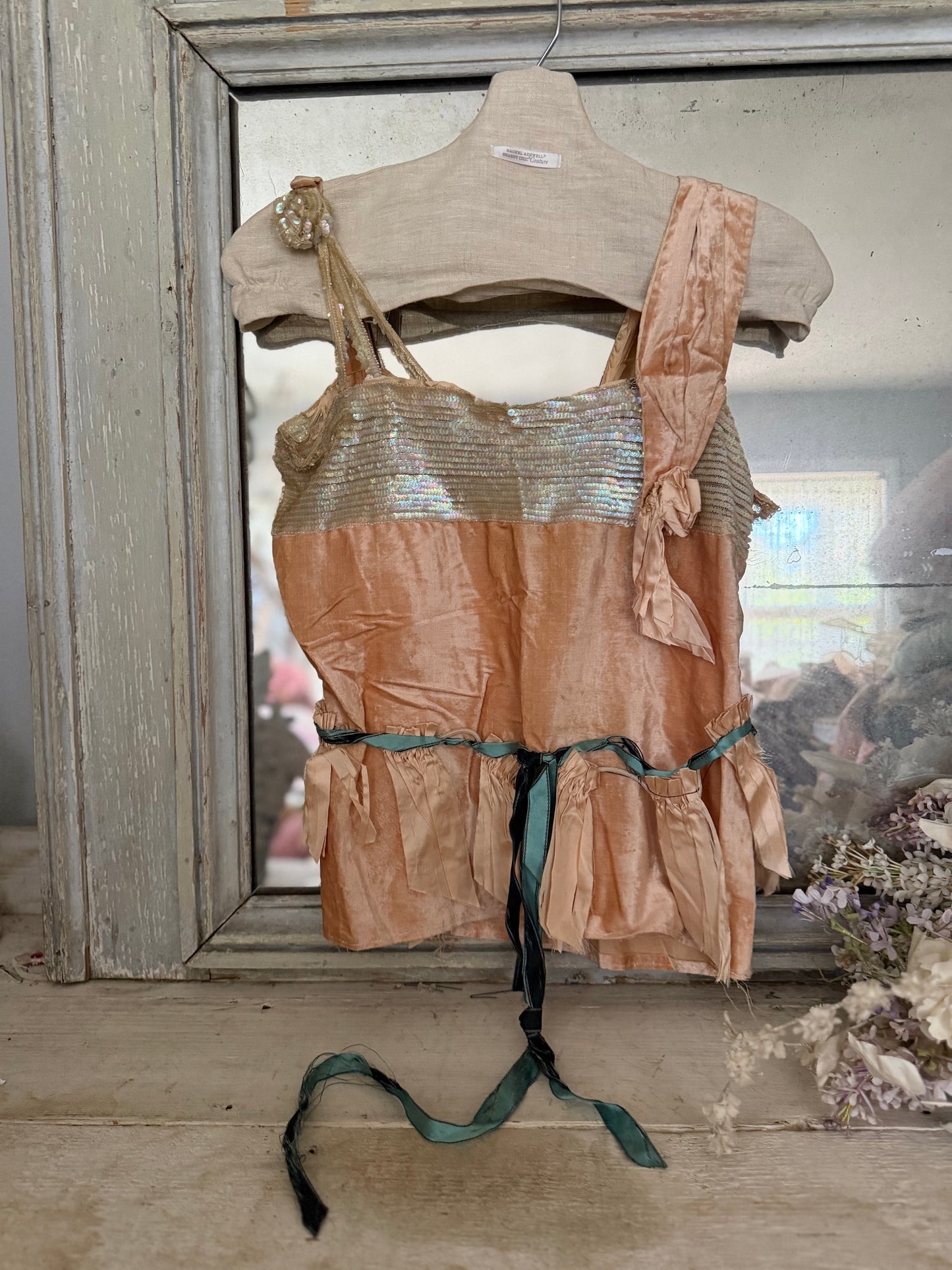 Antique AB Iridescent Sequin Peach Velvet Bodice