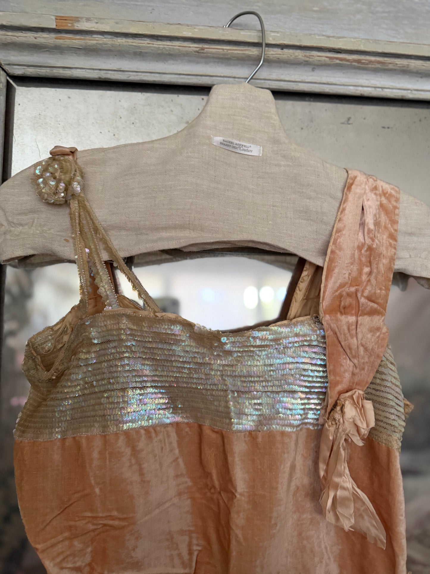 Antique AB Iridescent Sequin Peach Velvet Bodice