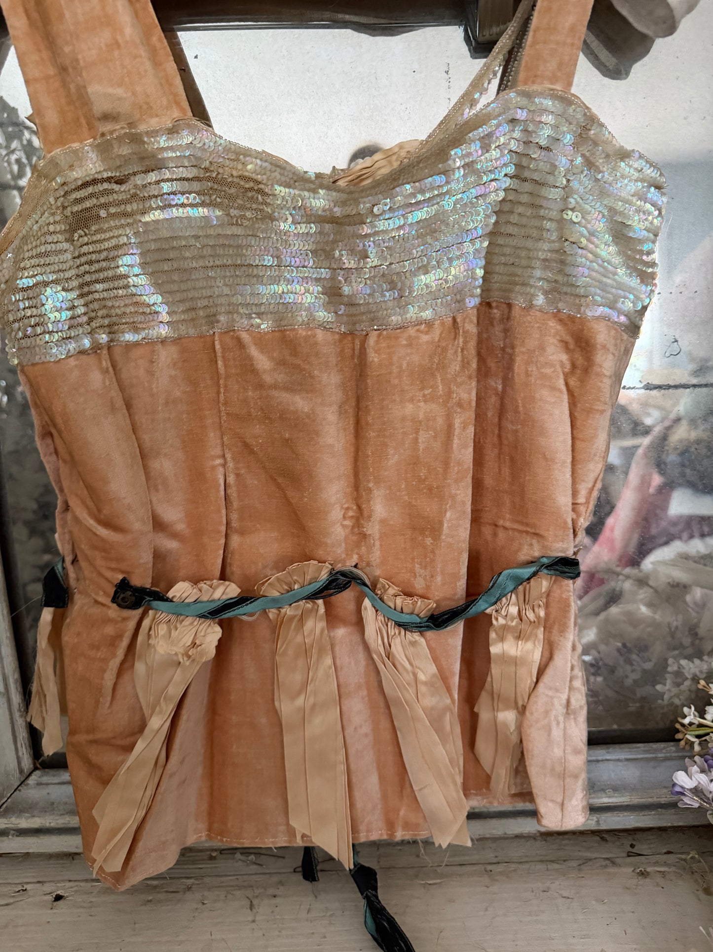 Antique AB Iridescent Sequin Peach Velvet Bodice
