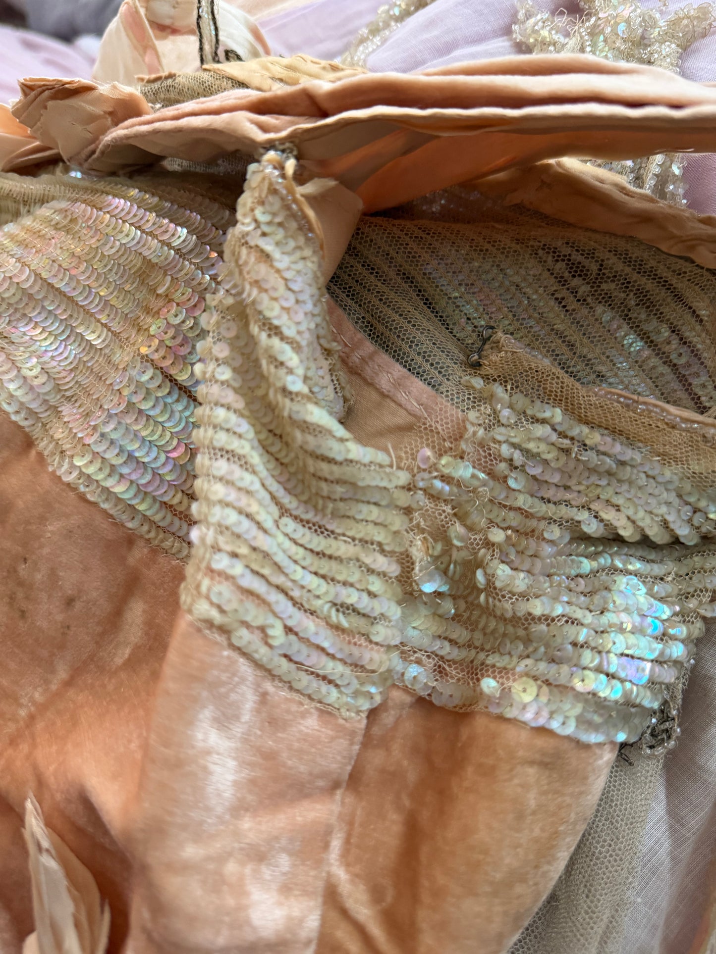 Antique AB Iridescent Sequin Peach Velvet Bodice