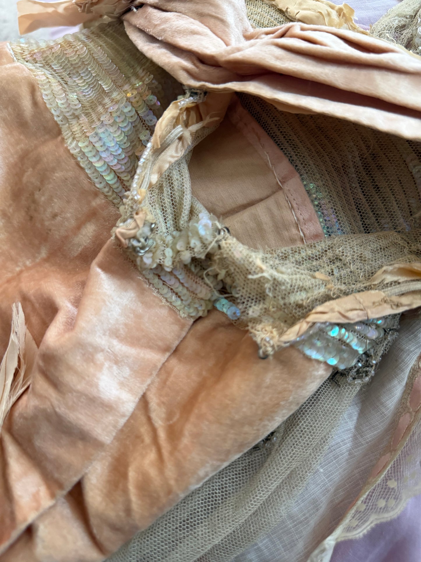 Antique AB Iridescent Sequin Peach Velvet Bodice